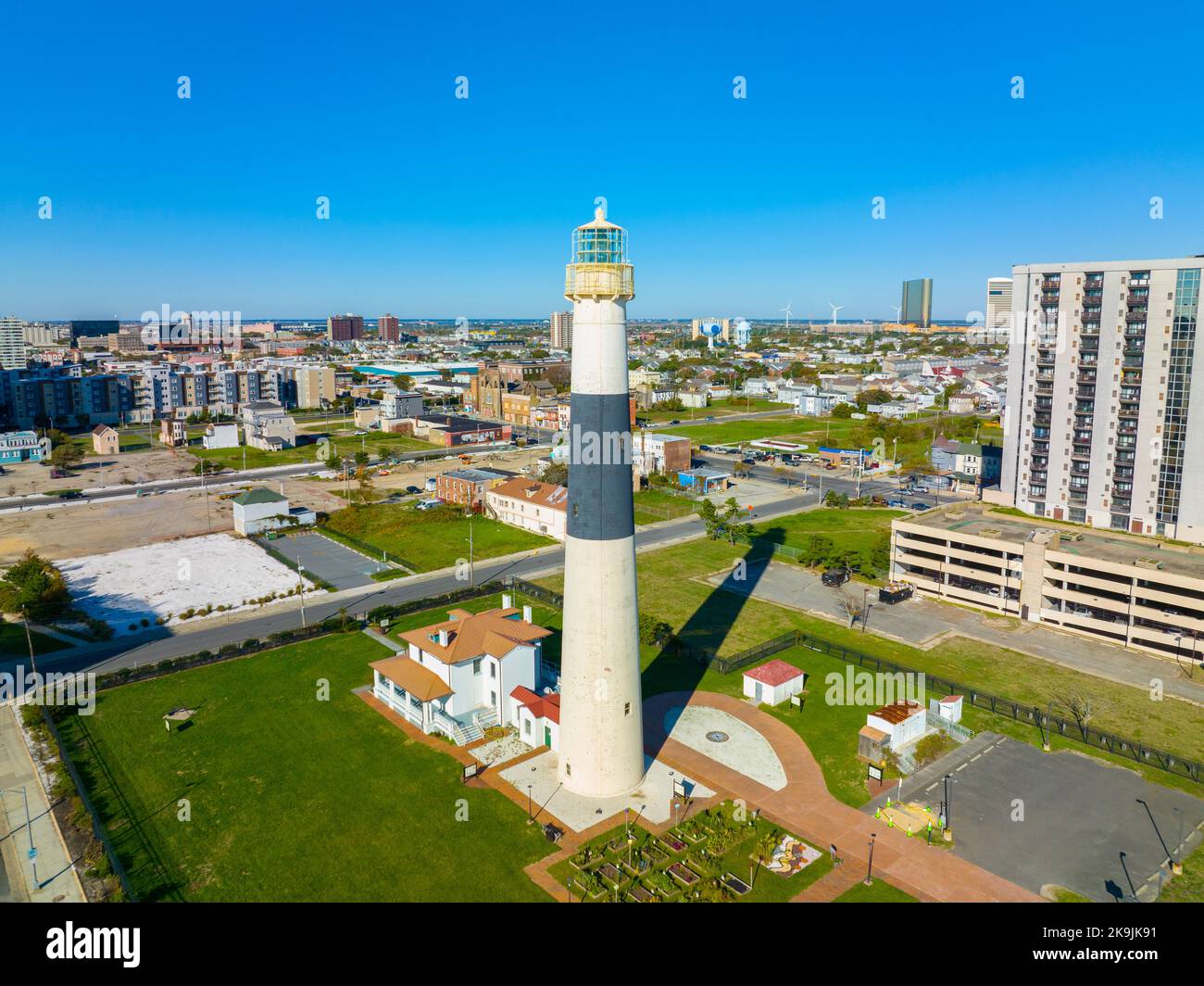 Absecon Lighthouse aerial view at the mouth of Absecon Inlet in the