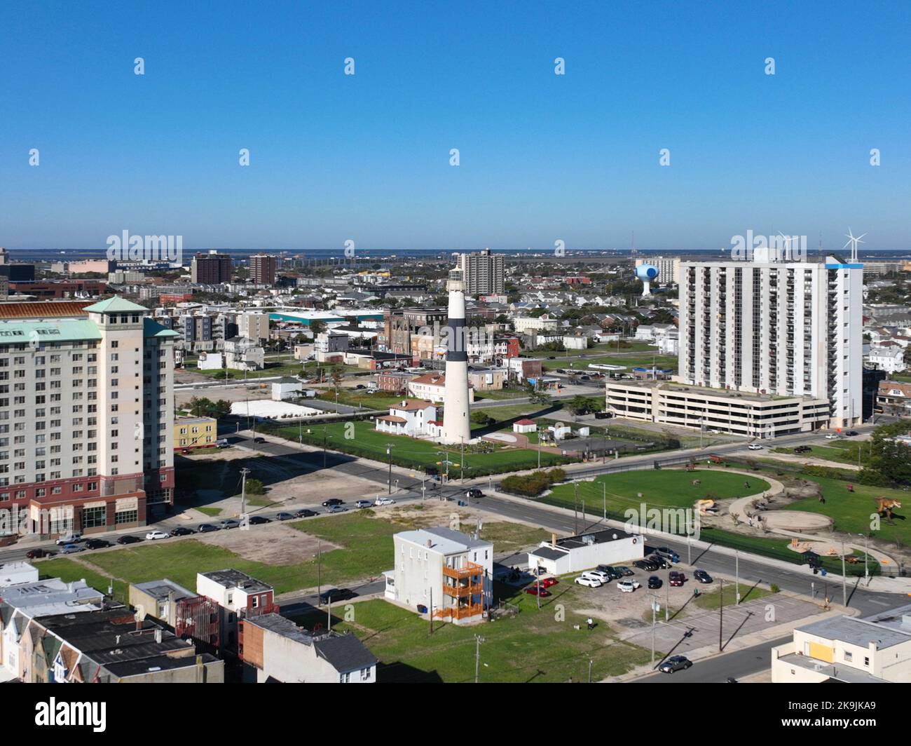 Absecon Lighthouse aerial view at the mouth of Absecon Inlet in the