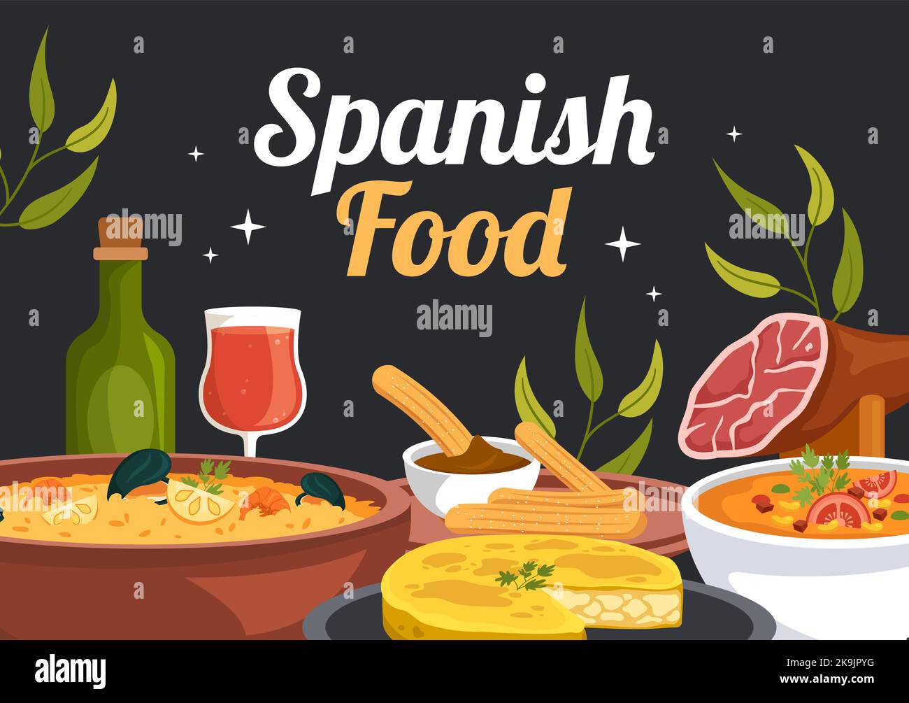 Spanish Food Cuisine Menu Restaurant with Various of Traditional Dish Recipe on Flat Cartoon Hand Drawn Templates Illustration Stock Vector