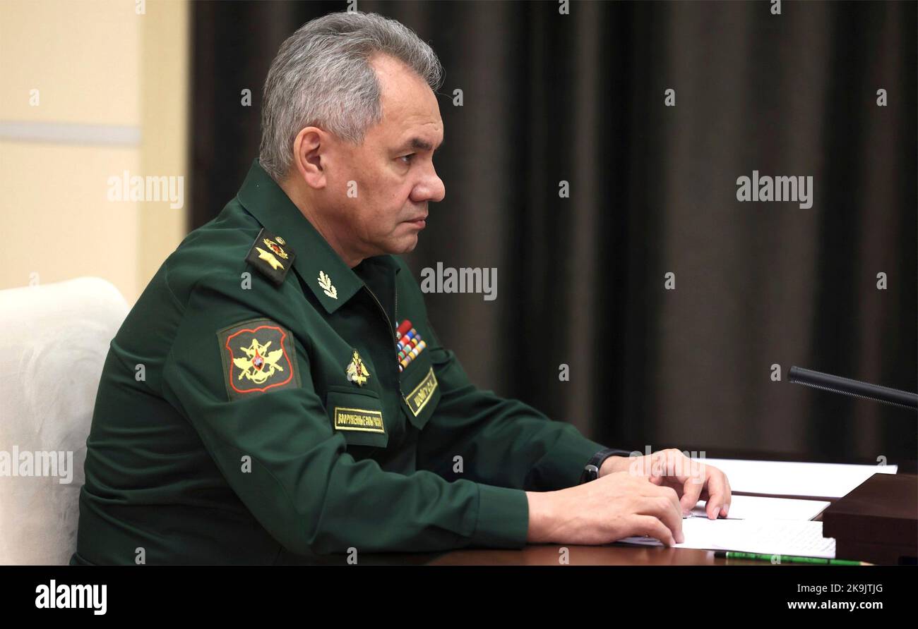 Moscow, Russia. 28th Oct, 2022. Russian Defense Minister Sergei Shoigu, during a face-to-face meeting with President Vladimir Putin at the official residence of the president, October 28, 2022 in Novo-Ogaryovo, Moscow, Russia. Putin announced the end of the partial mobilisation for military service in Ukraine. Credit: Mikhail Metzel/Kremlin Pool/Alamy Live News Stock Photo