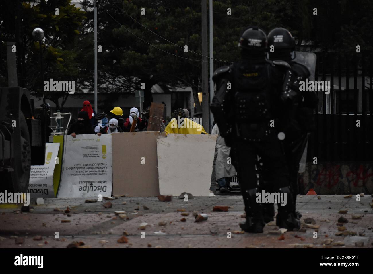 Colombia's anti-riot police squadron (UNDOMO) formerly knwon as ESMAD clashes with demonstrators as protests raise in Bogota, Colombia amid the liberation of political prisioners captured during the last year anti-government protests, on October 28, 2022. Photo by: Cristian Bayona/Long Visual Press Stock Photo