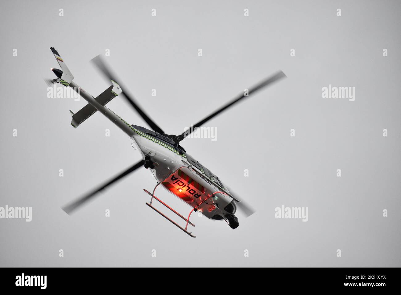 A colombian police helicopter is seen patrolling as protests raise in Bogota, Colombia amid the liberation of political prisioners captured during the last year anti-government protests, on October 28, 2022. Photo by: Cristian Bayona/Long Visual Press Stock Photo