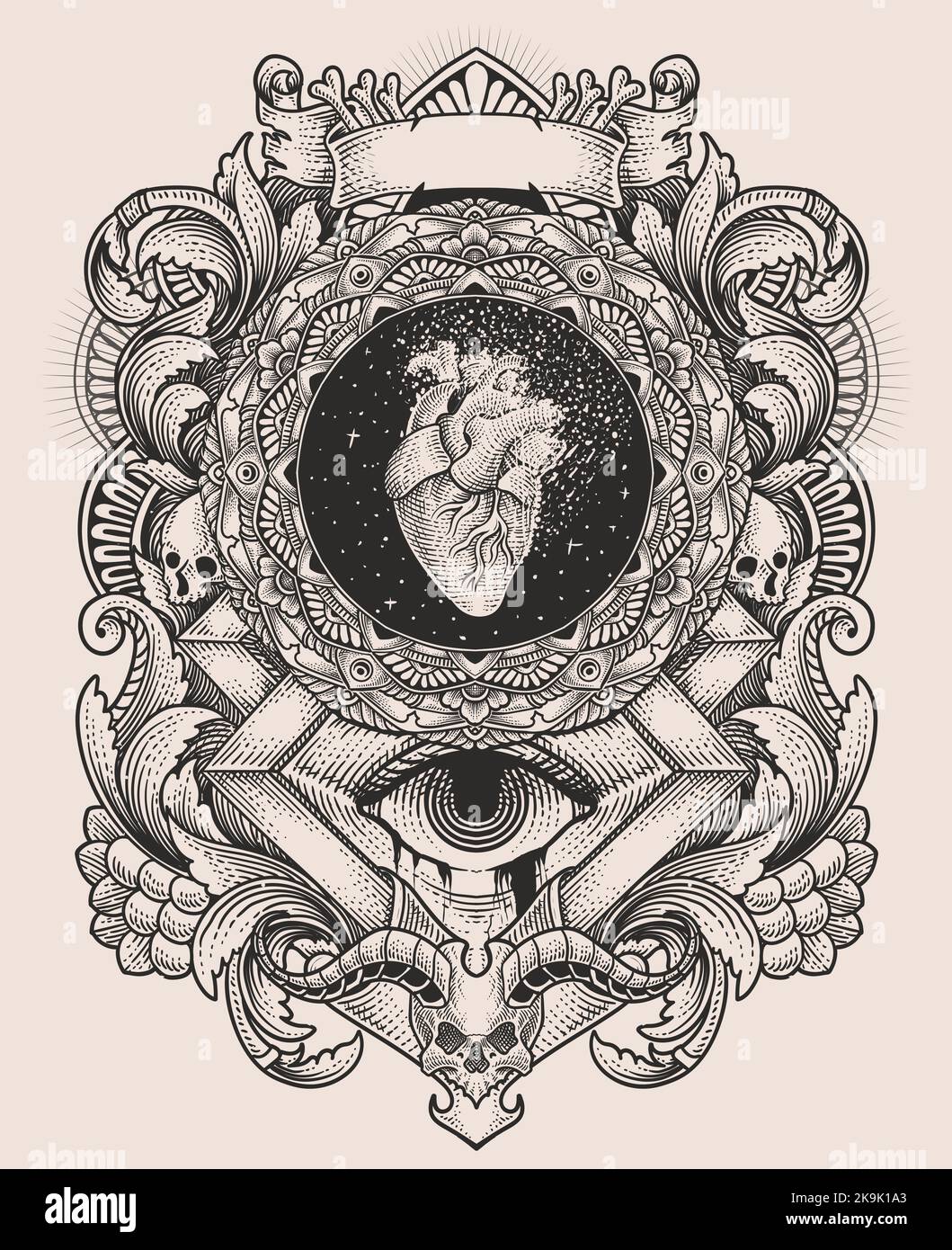 illustration antique heart with vintage engraving ornament Stock Vector ...