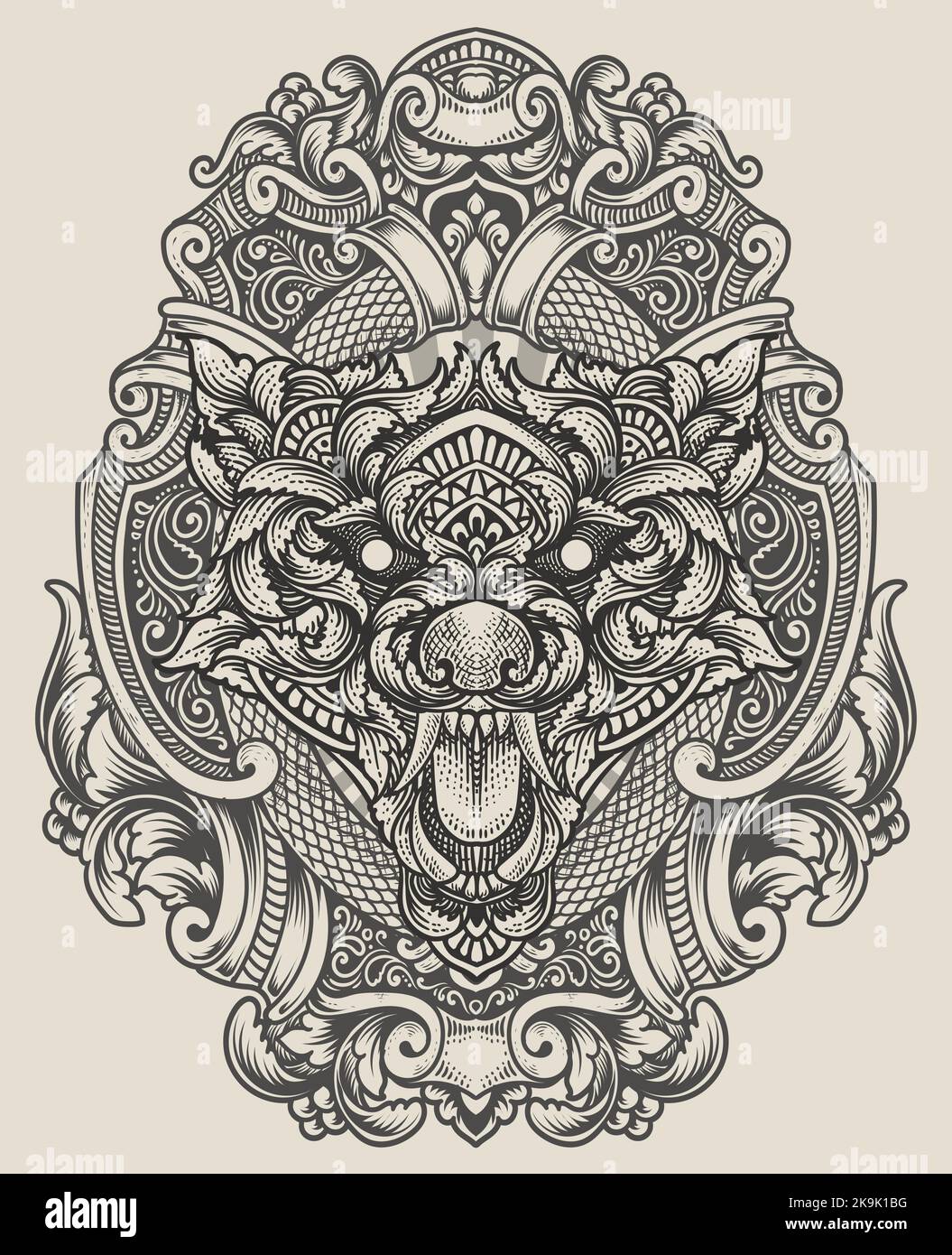 illustration wolf head with engraving ornament style Stock Vector