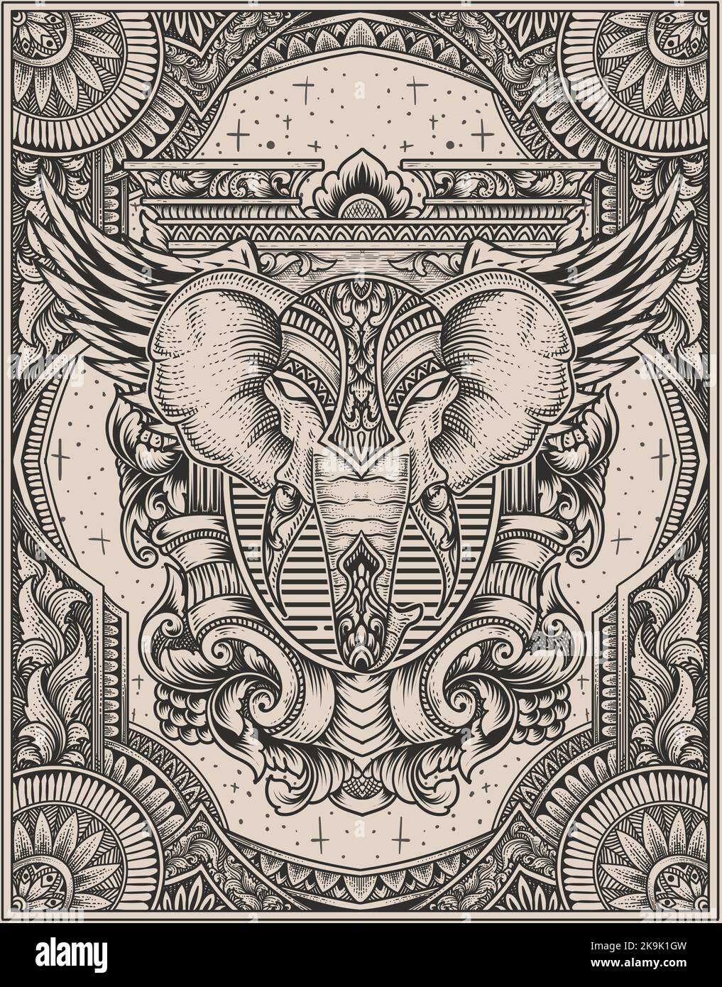 illustration elephant head engraving ornament style with mask Stock