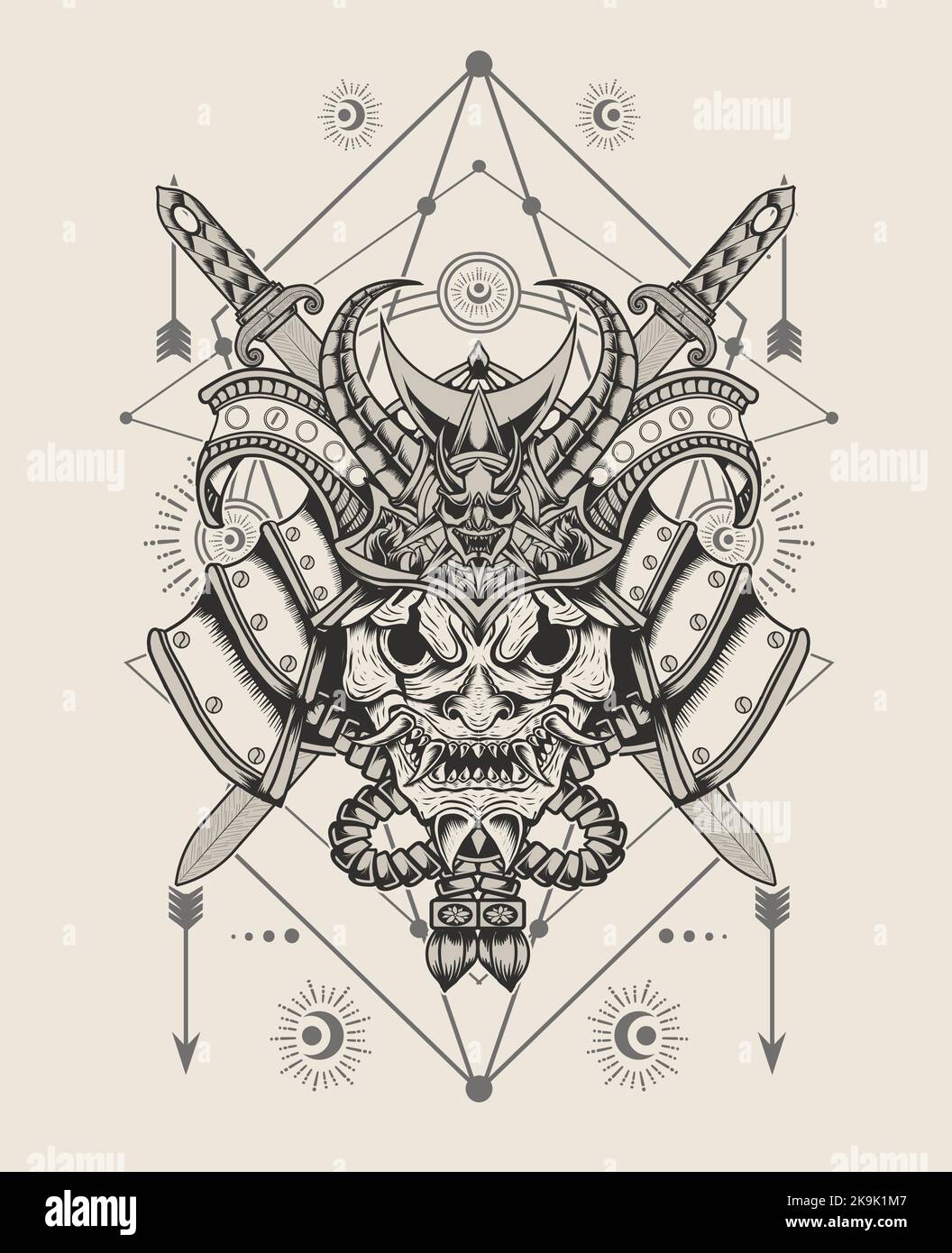 illustration vintage samurai head with sacred geometry Stock Vector