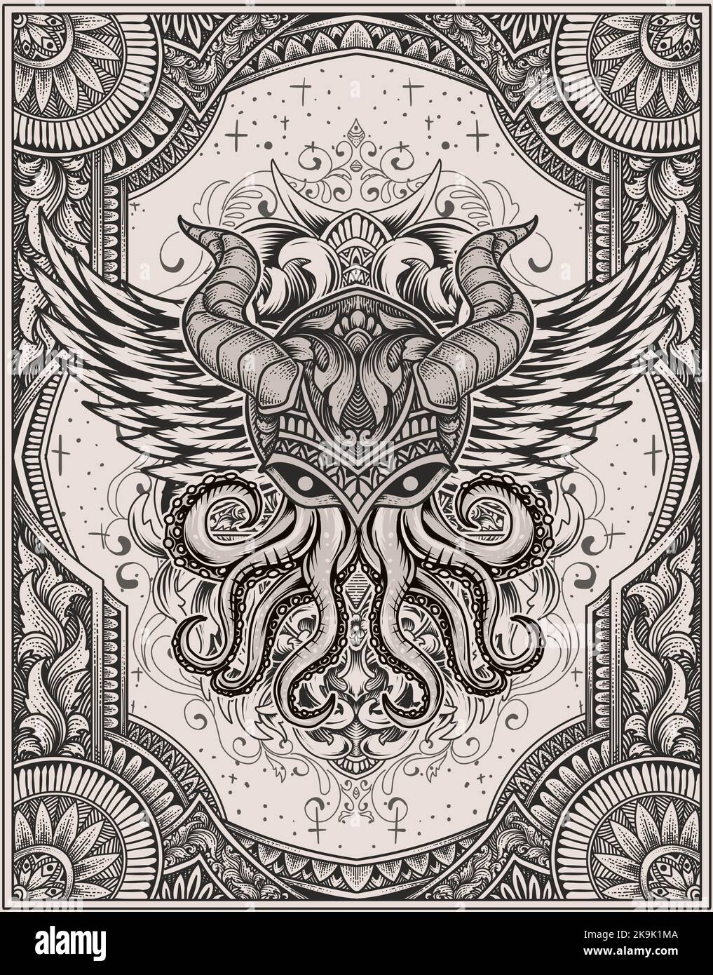 illustration vintage octopus with engraving ornament style Stock Vector ...