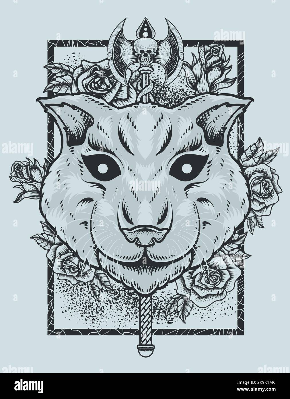 illustration cat head with ax and rose flower Stock Vector Image & Art ...