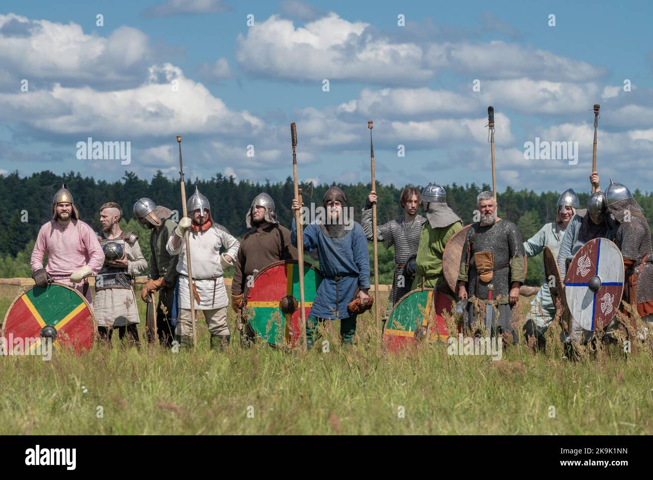 TVER REGION, RUSSIA - JULY 22, 2022: Participants of the historical festival 'Epic Coast-2022' before the reenactment of the medieval battle Stock Photo