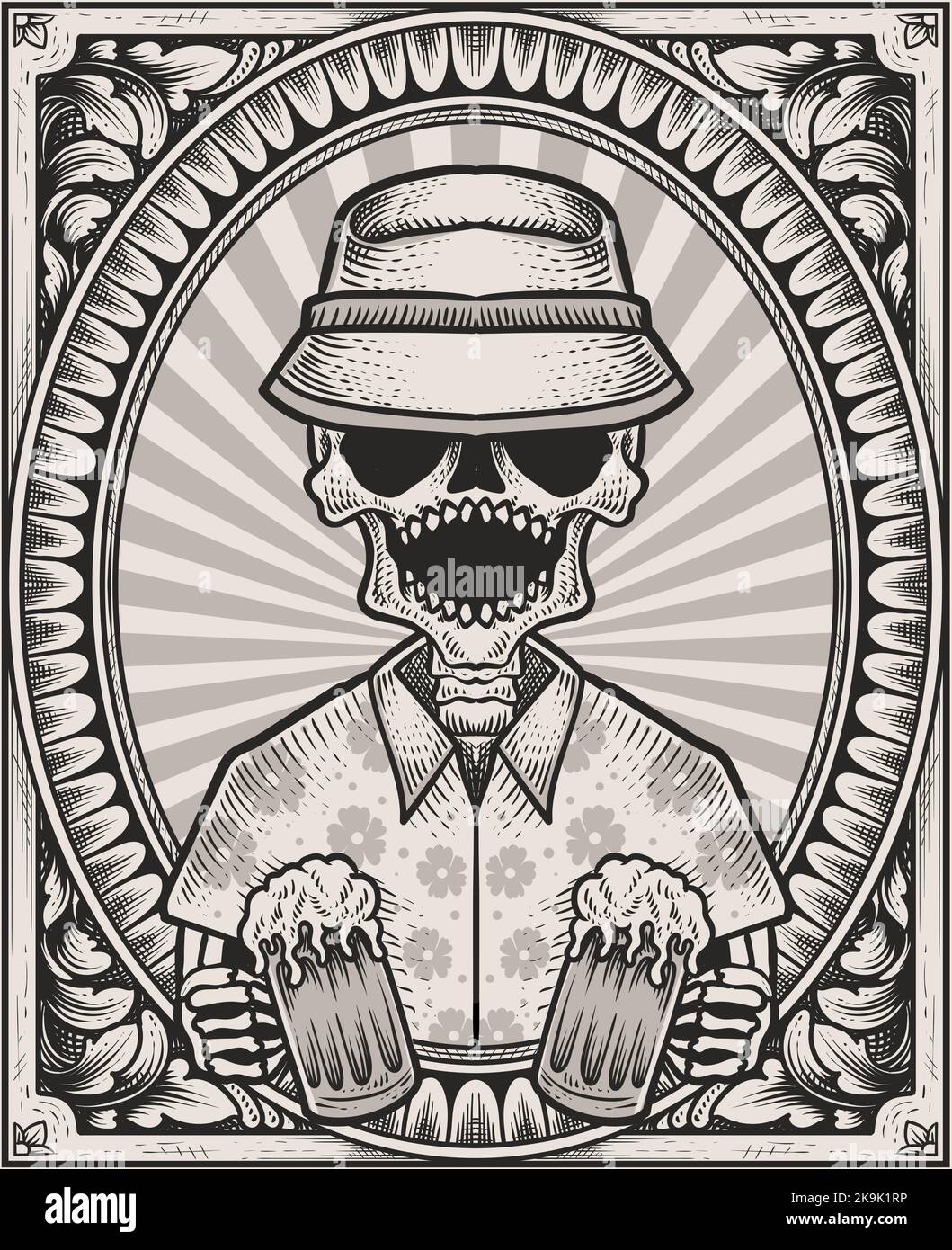 illustration skull beer with engraving ornament frame Stock Vector ...