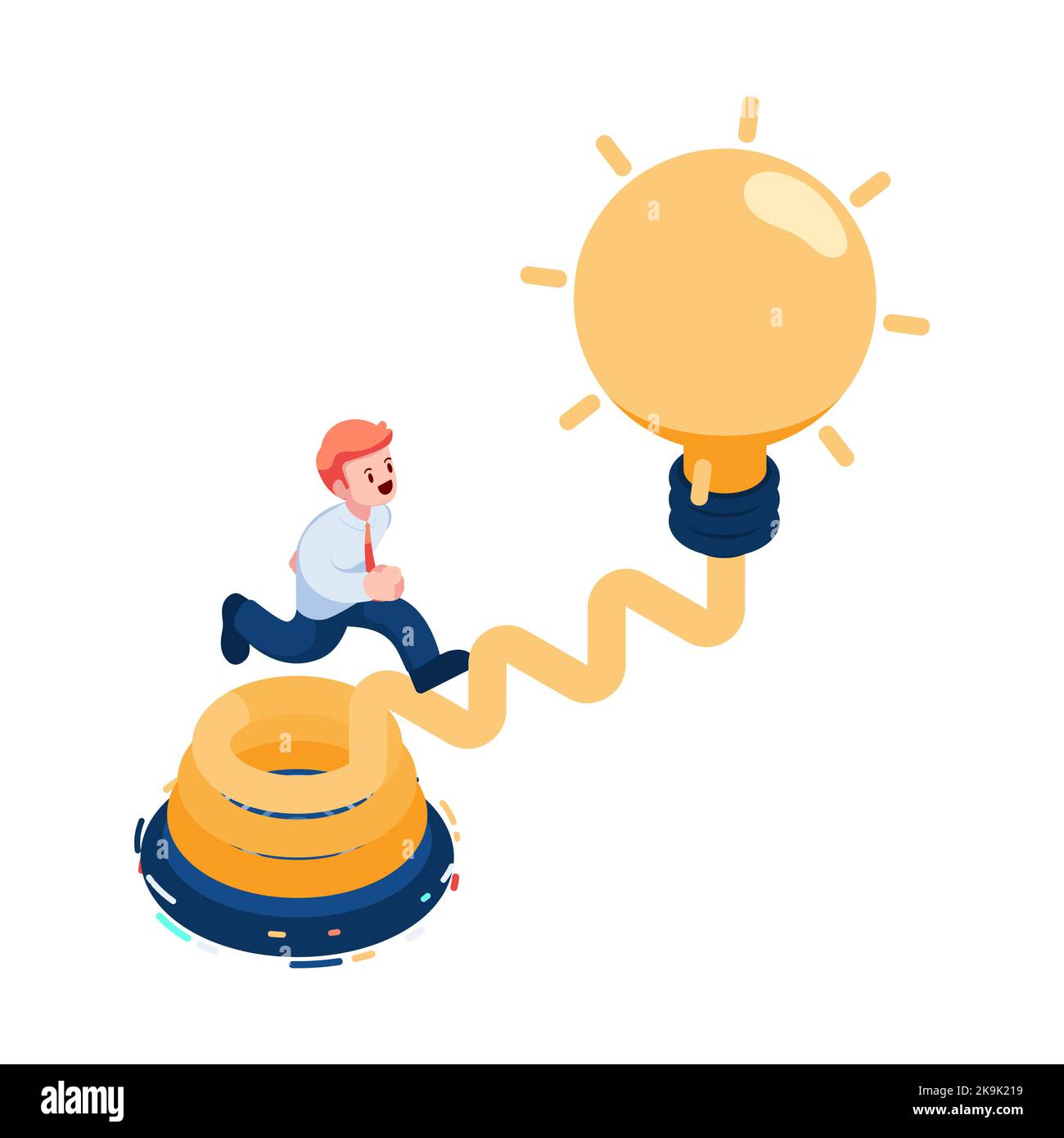 Flat 3d Isometric Businessman Going Up on Stair to Lightbulb of Idea. Business Idea and Opportunity Concept. Stock Vector