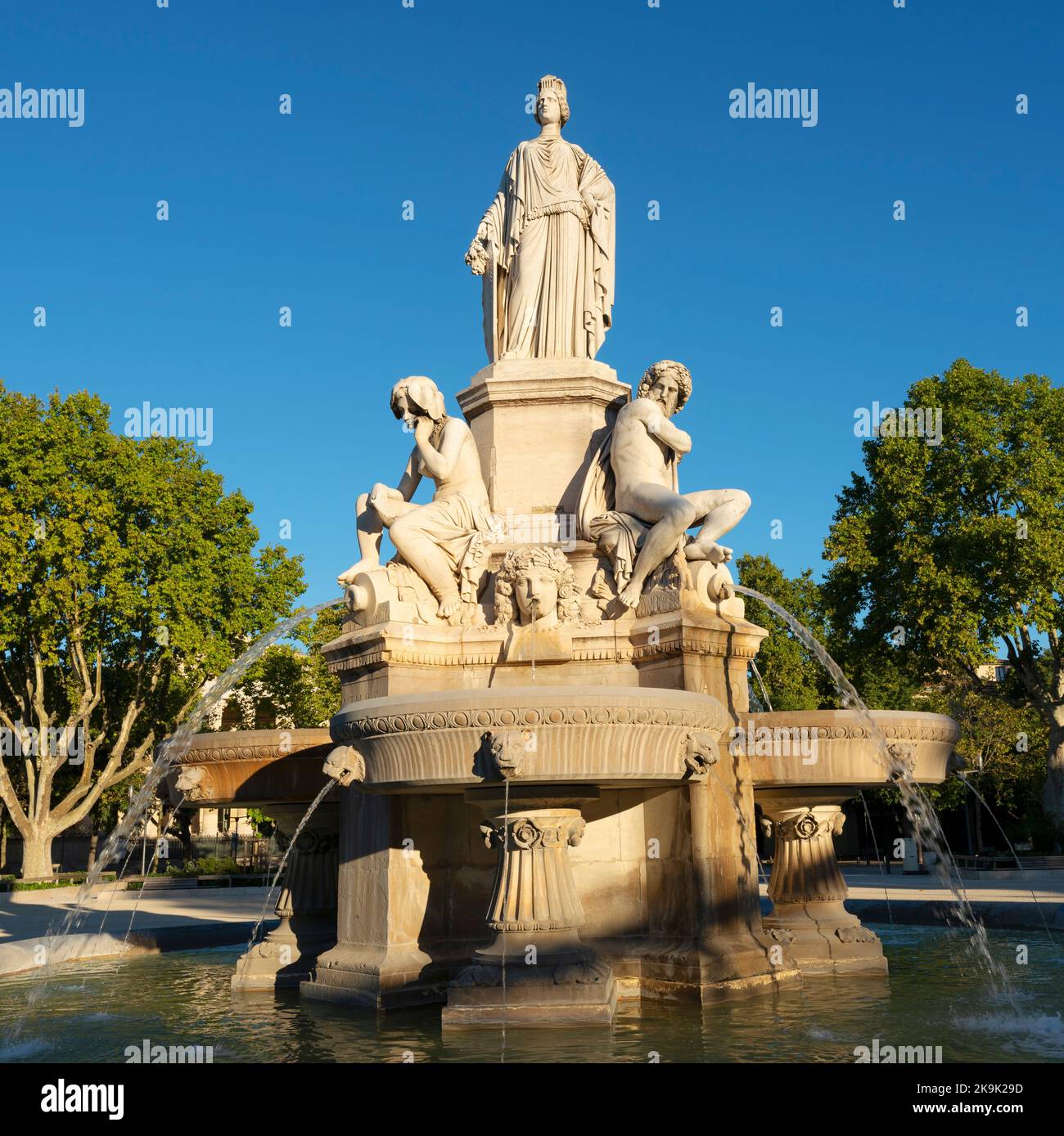 View of famous fountain in the morning, Nimes, France Stock Photo