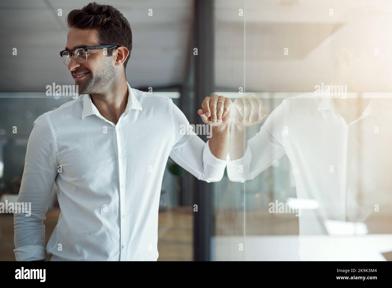 Modern man in a modern office. a handsome young businessman leaning against a glass wall in his modern office. Stock Photo