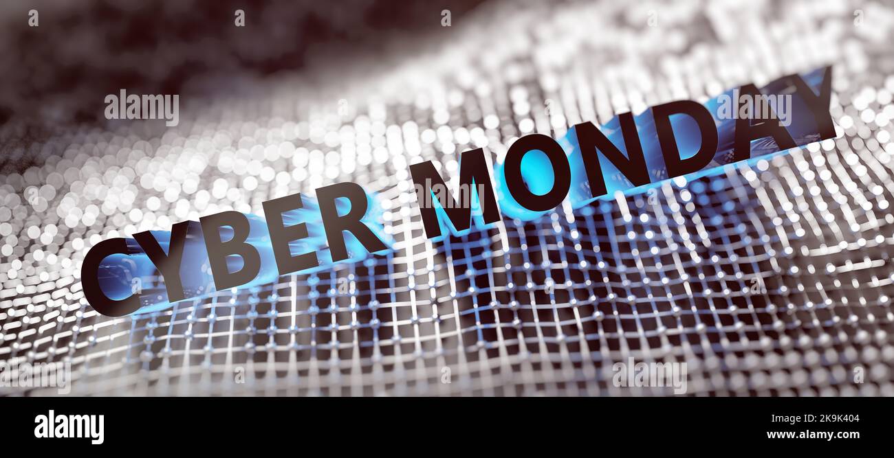 Cyber Monday sale banner, text on shiny wavy technology background. Winter holiday clearance and discount. 3d render Stock Photo