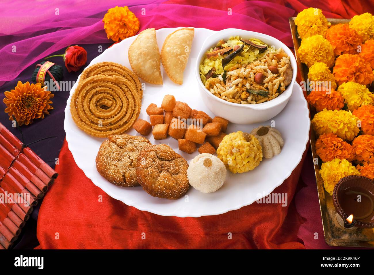 Diwali snacks Diwali faral, Diwali Special sweet and salty snacks, Festival snacks from Maharashtra, India. Stock Photo