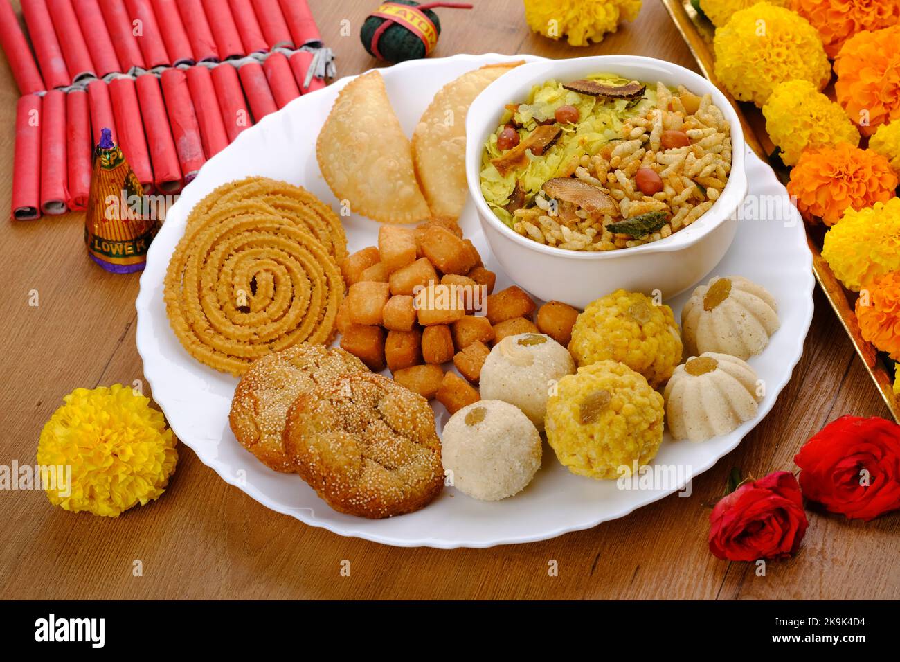 Diwali snacks Diwali faral, Diwali Special sweet and salty snacks, Festival snacks from Maharashtra, India. Stock Photo