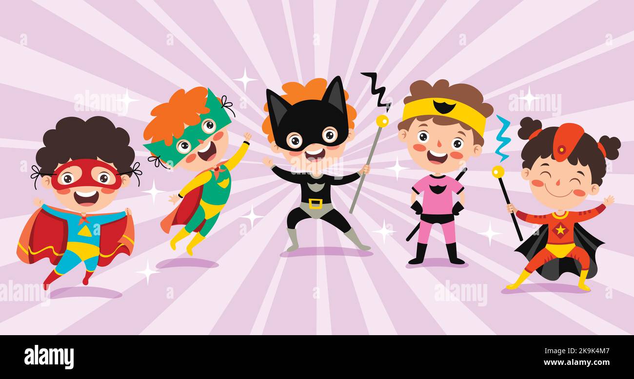 Little Funny Cartoon Superheroes Posing Stock Vector