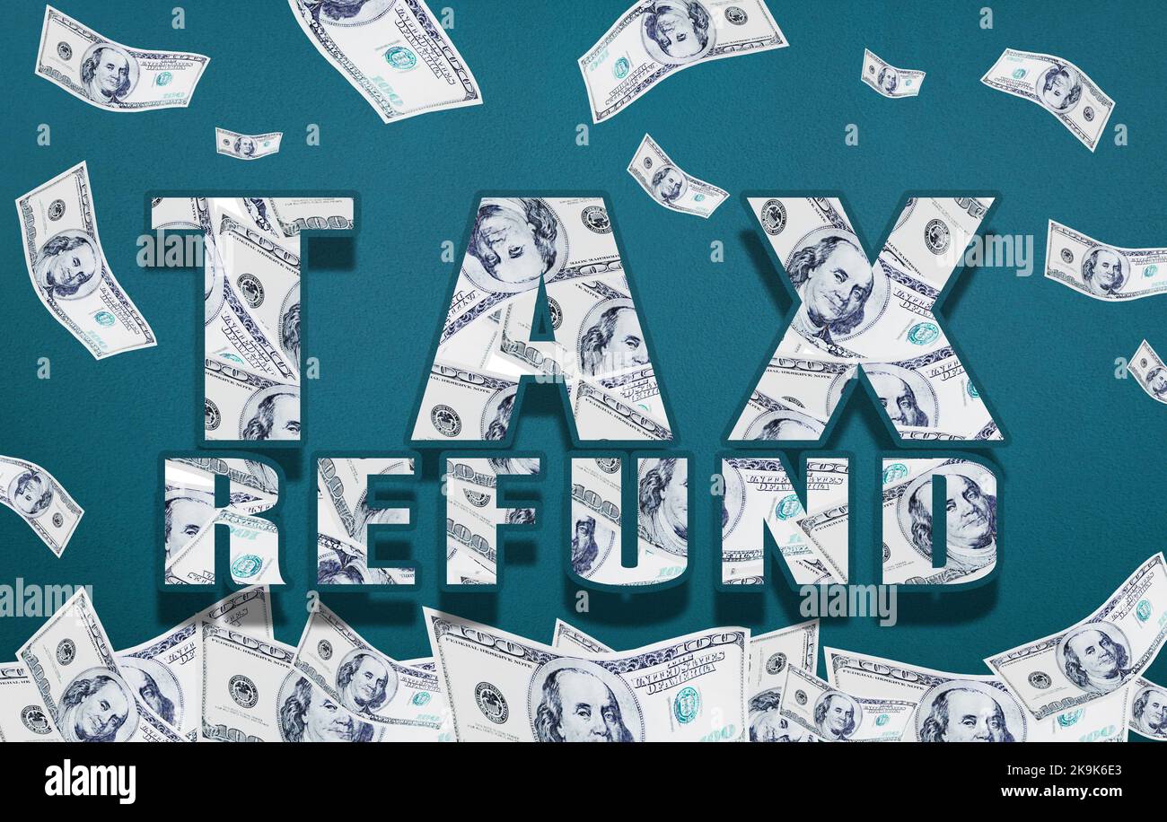 Tax Refund. the words TAX REFUND constructed from dollar bills inside a frame also made from dollar bills against a blue background. Stock Photo