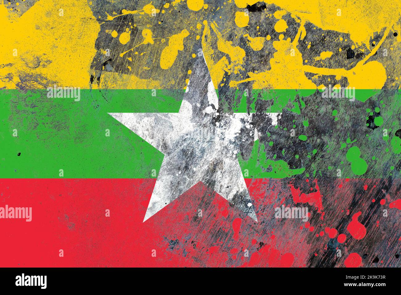 Myanmar flag on scratched old grunge texture background Stock Photo - Alamy