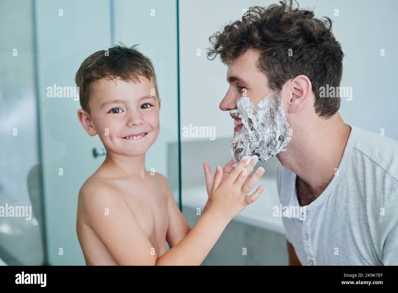 Im getting Dad ready for a clean shave. Portrait of a little boy
