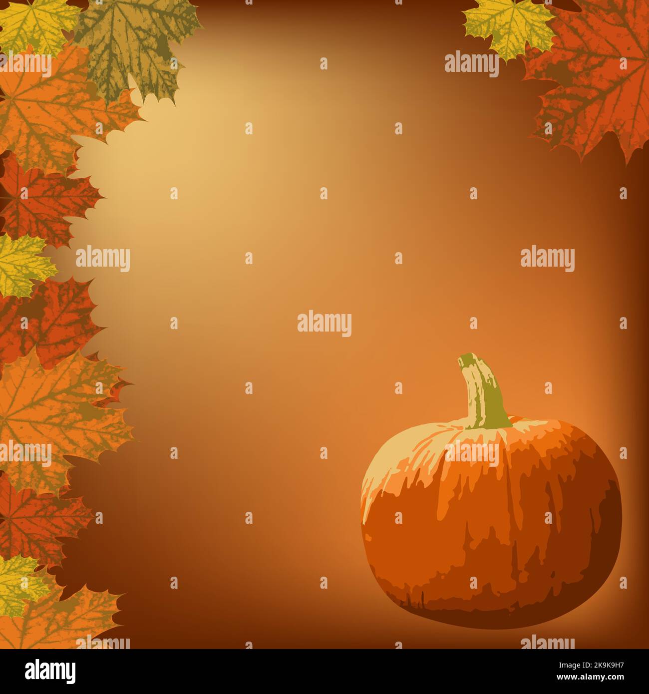 Maple leaves and pumpkin on an orange background. Postcard with copy space. Universal autumn background. Vector. Halloween, Thanksgiving concept. Stock Vector