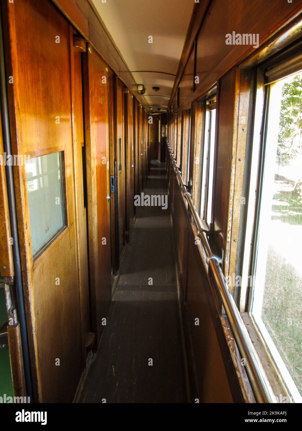 The narrow hallway of an old train carriage in South Africa Stock Photo