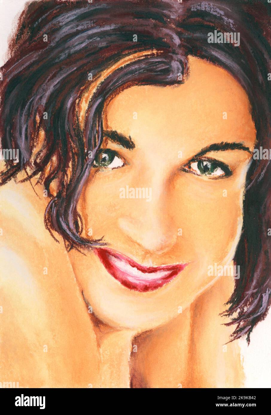 Young woman portrait. Soft pastel on paper. Stock Photo