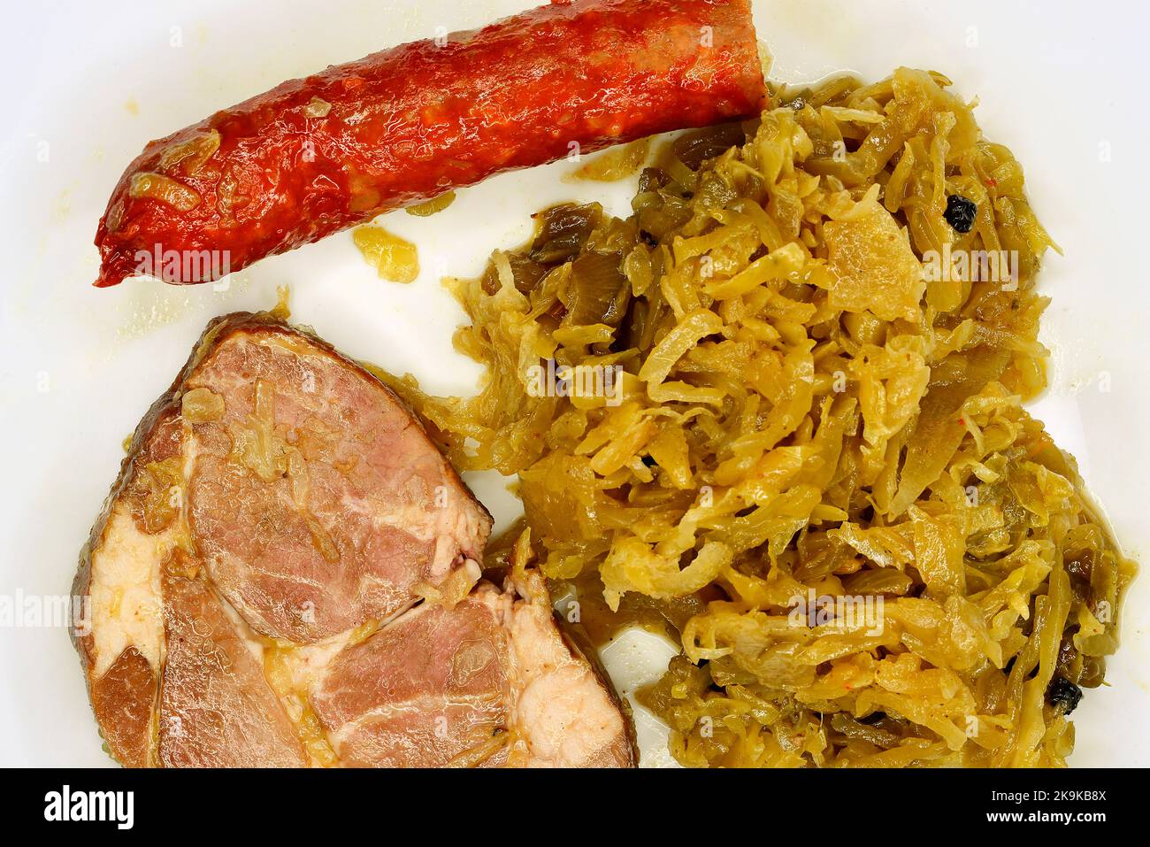 German deli Sauerkraut with sausage and pork meat Stock Photo
