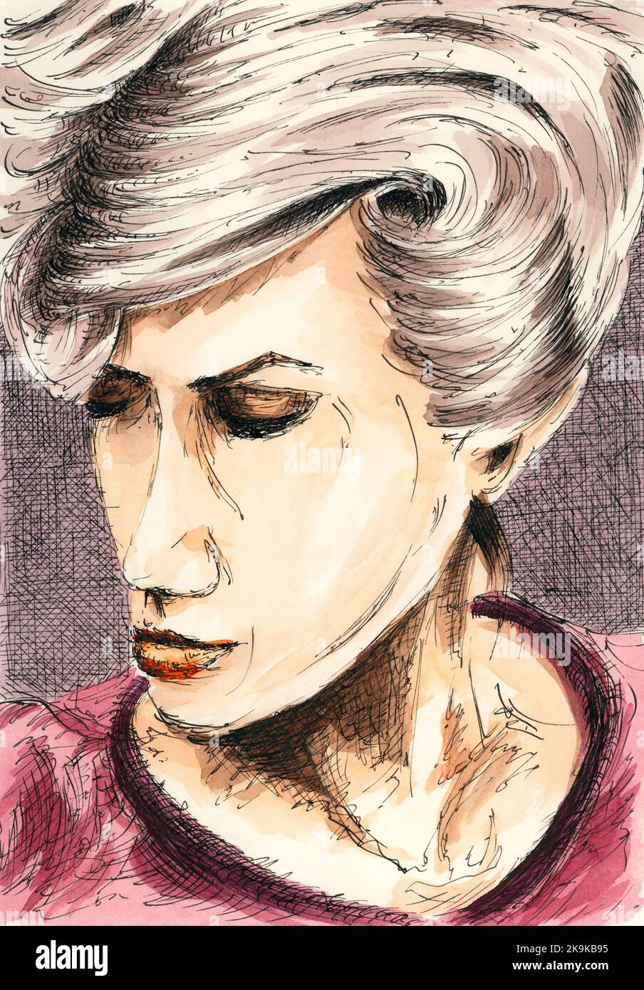 Woman portrait sketch. Ink and watercolor on paper. Stock Photo