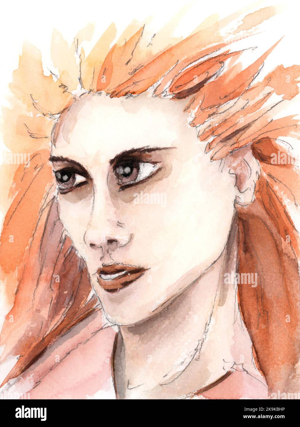 Expressive woman portrait. Graphite pencil and watercolor on paper. Stock Photo