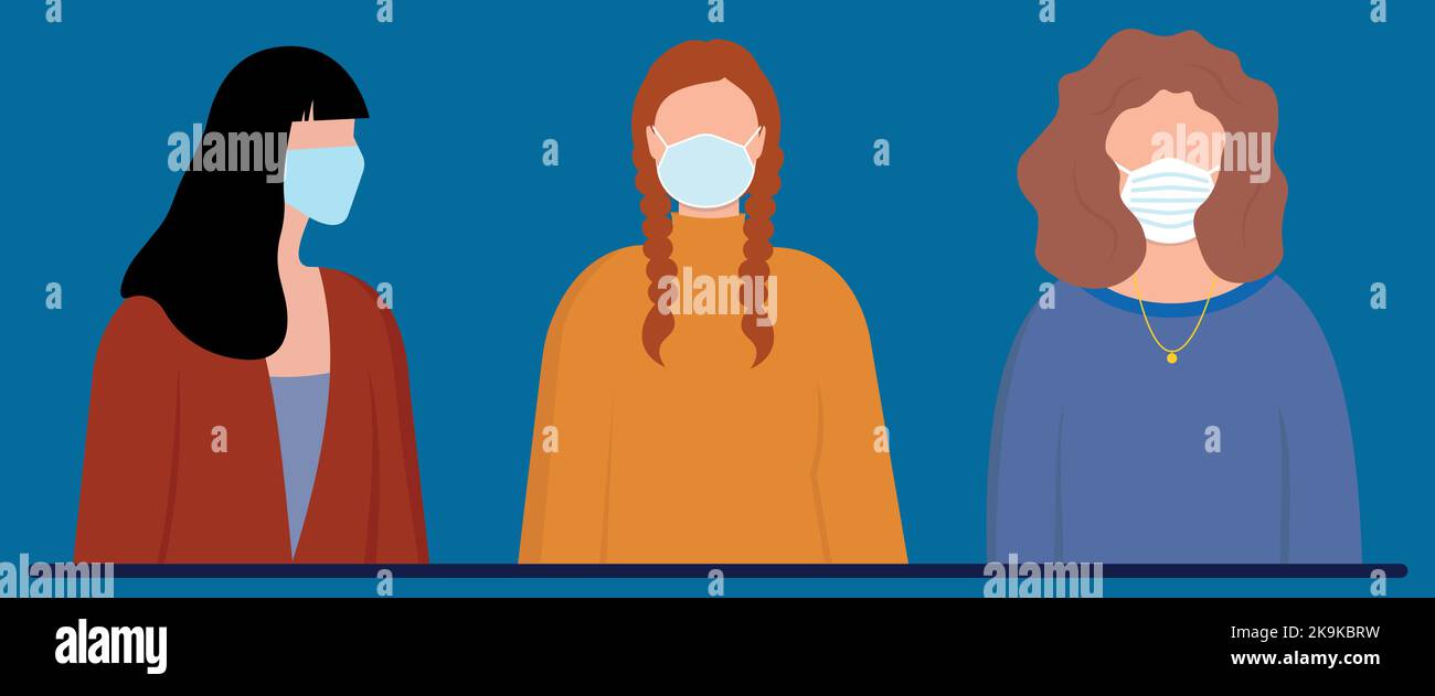 woomen and girl wear in face safety masks Stock Vector