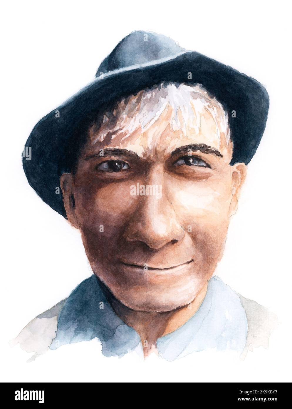 Portrait of man in hat. Watercolor on paper. Stock Photo