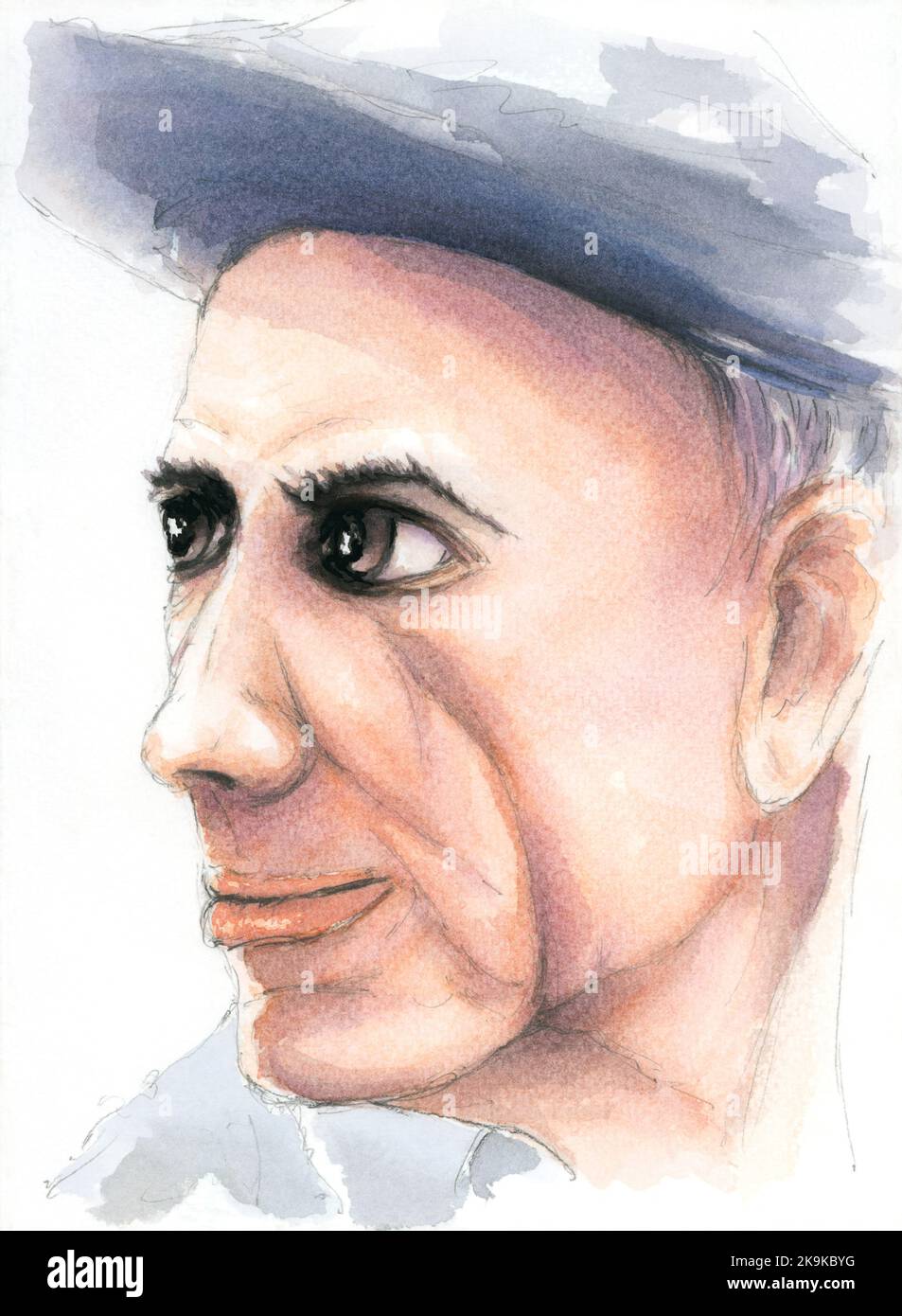Man portrait. Watercolor on paper. Stock Photo