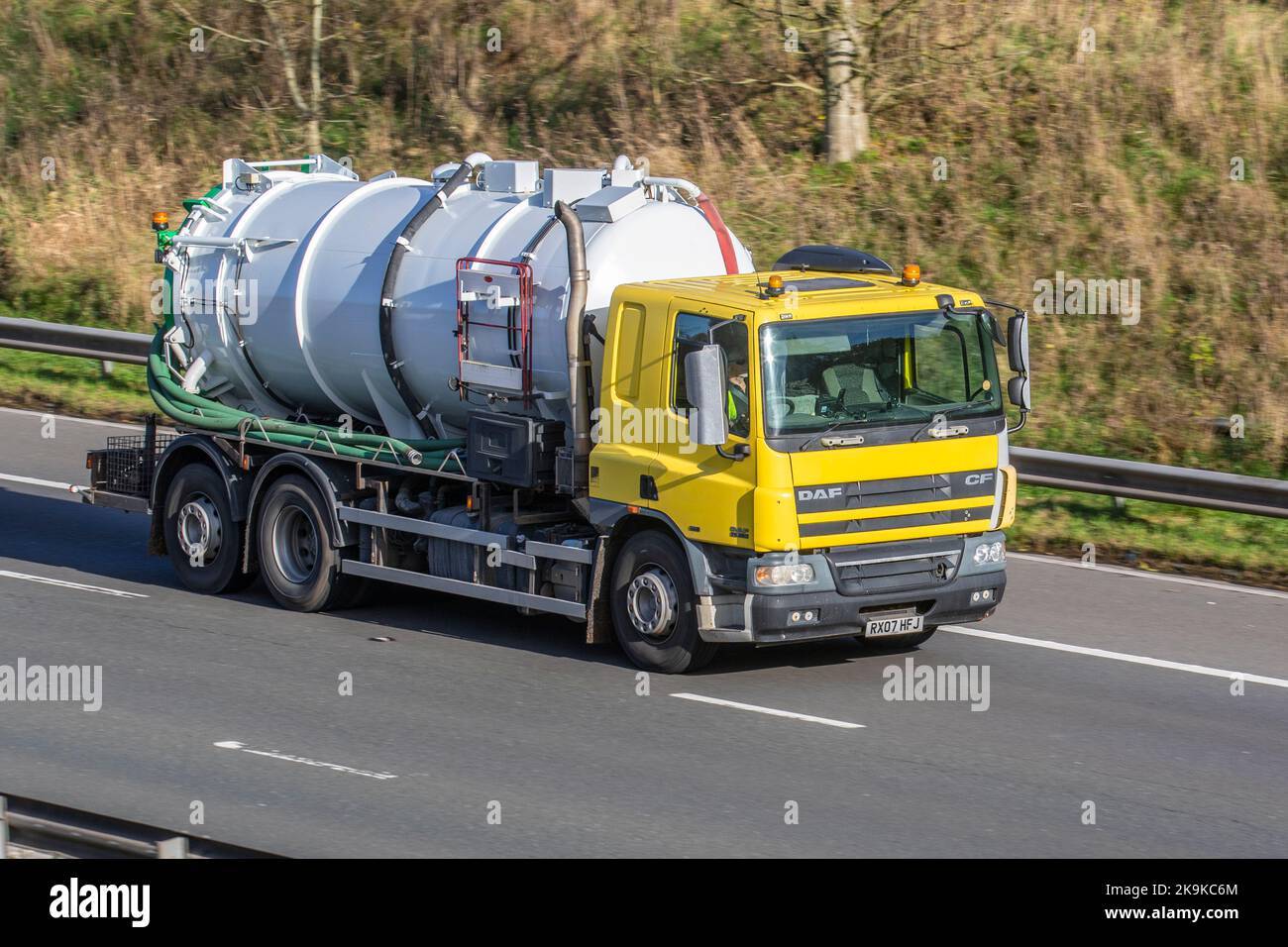 2007 yellow DAF CF  9200cc Diesel Tanker, travelling on the M6 motorway, UK Stock Photo