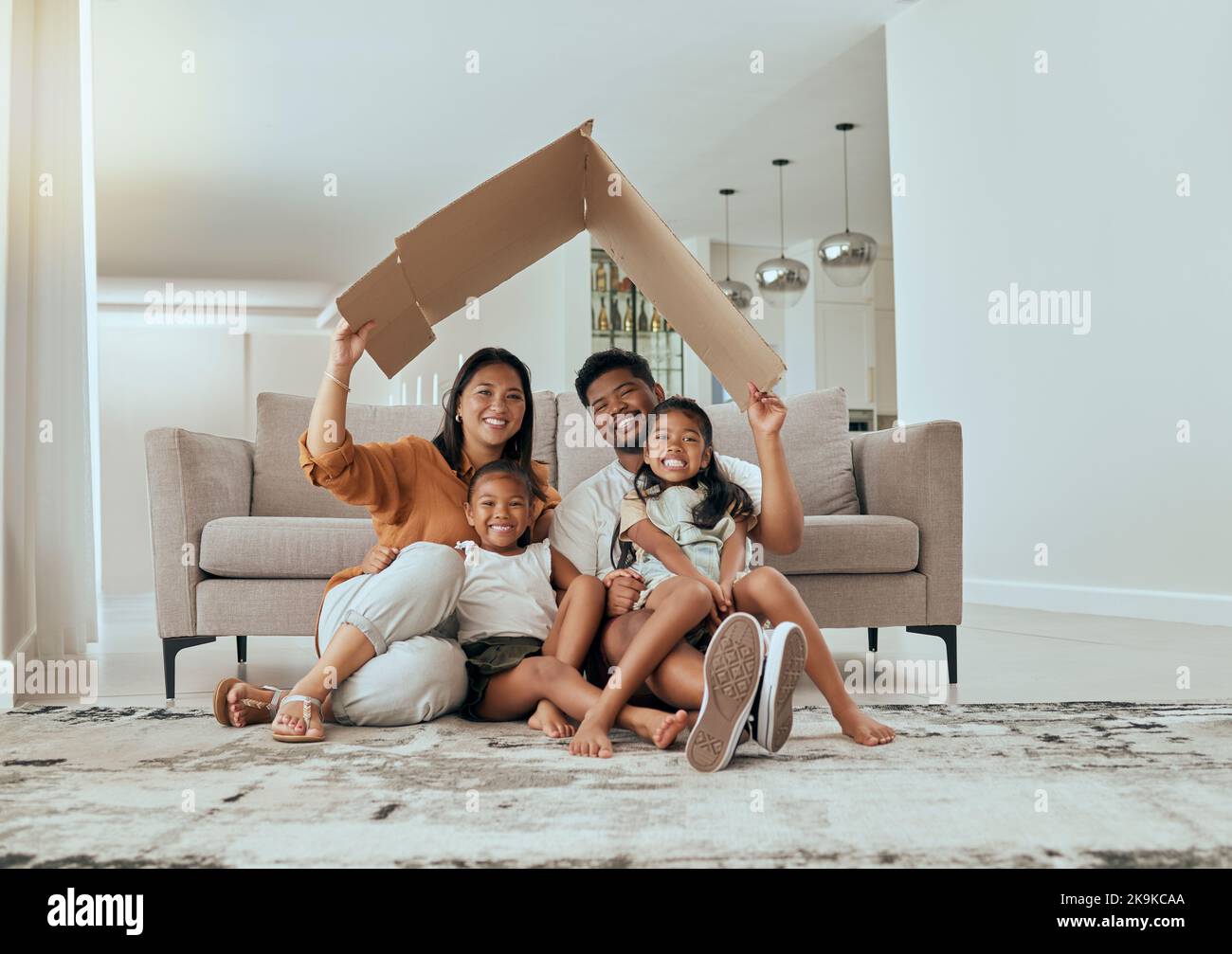 Family, care and home insurance roof portrait with parents protecting