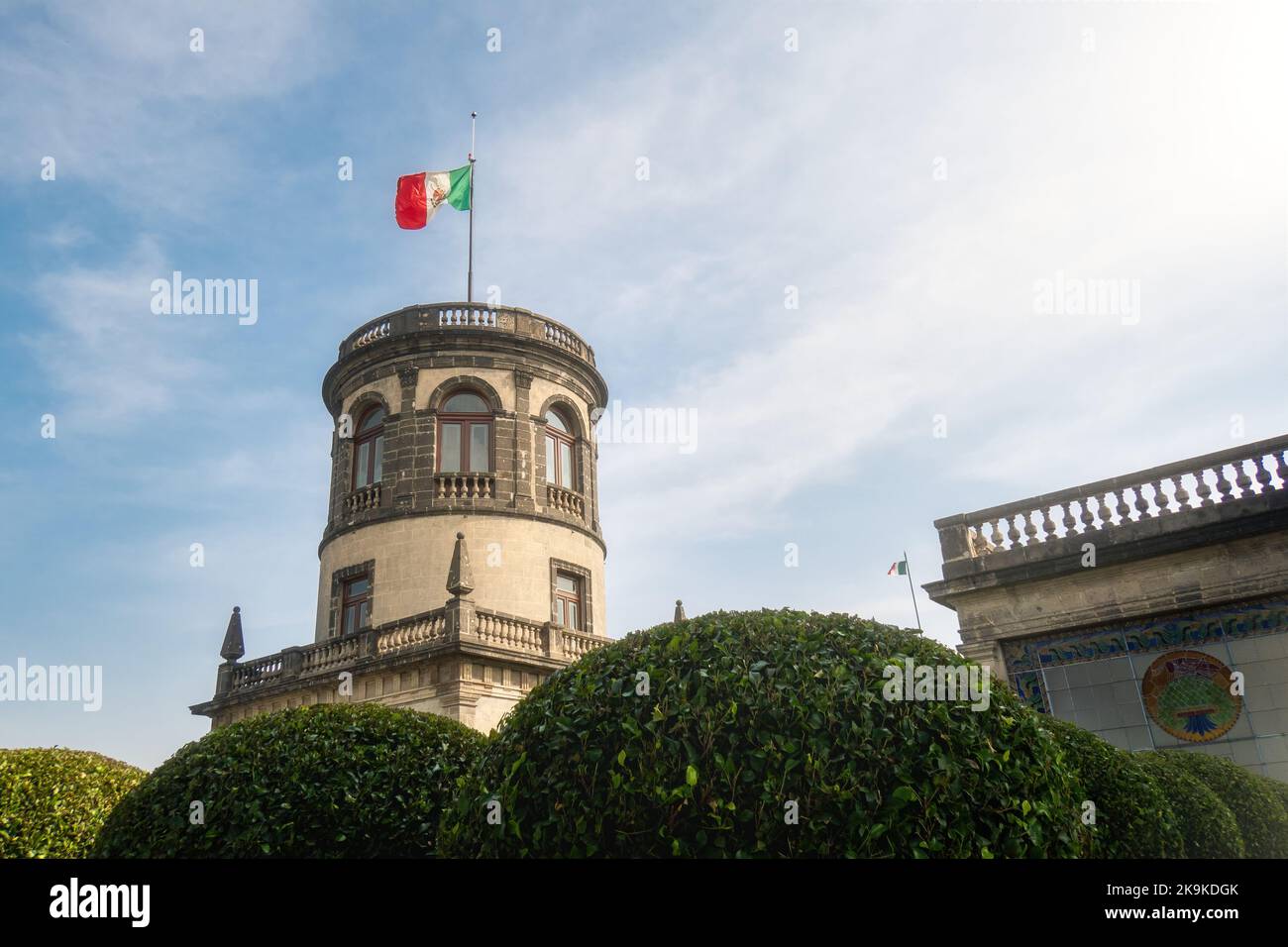 A Historical Chapultepec Castle with flag in mexico city with flag Stock Photo
