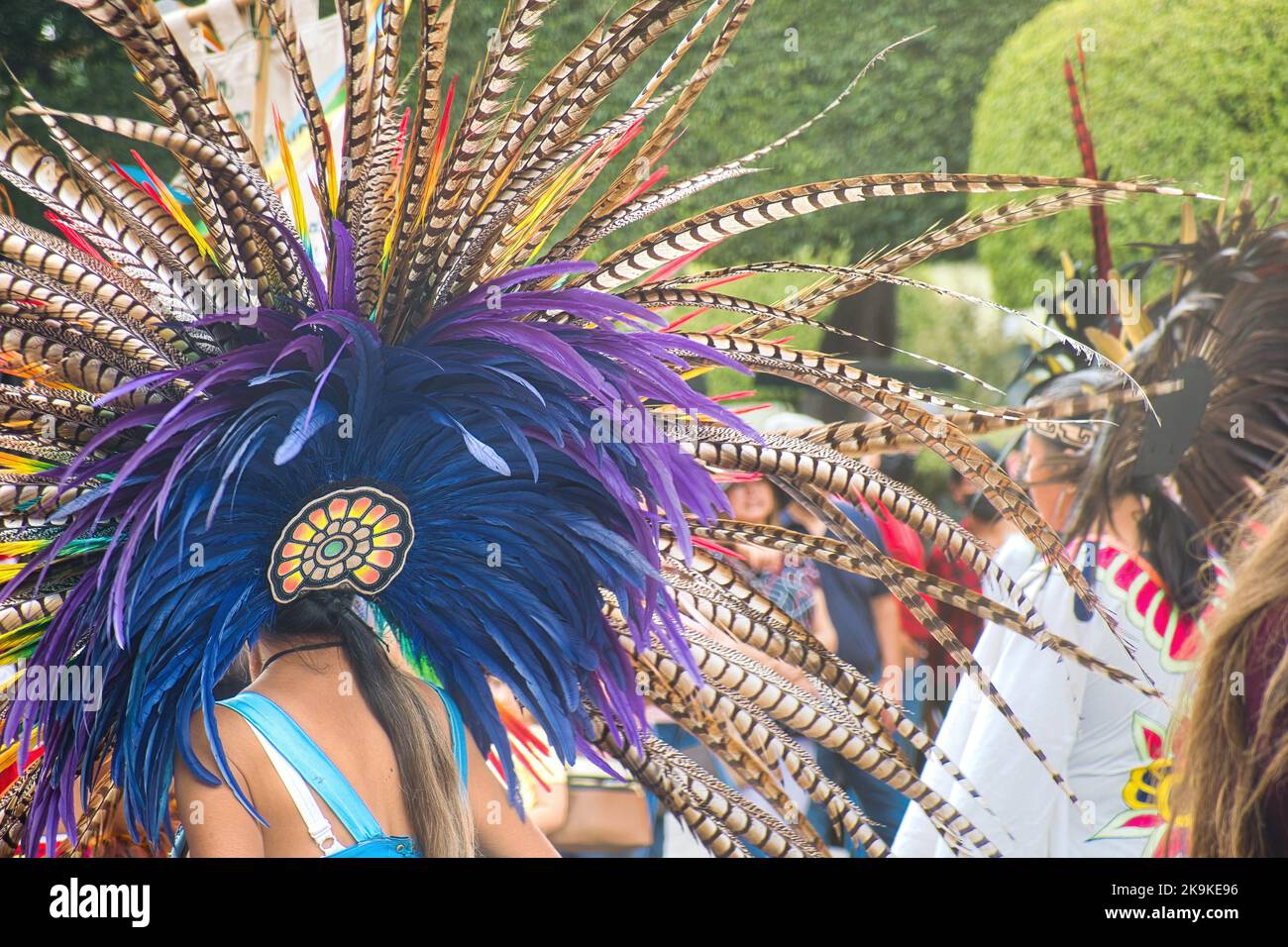 A Mexican dancer headdress with colorful feathers Stock Photo