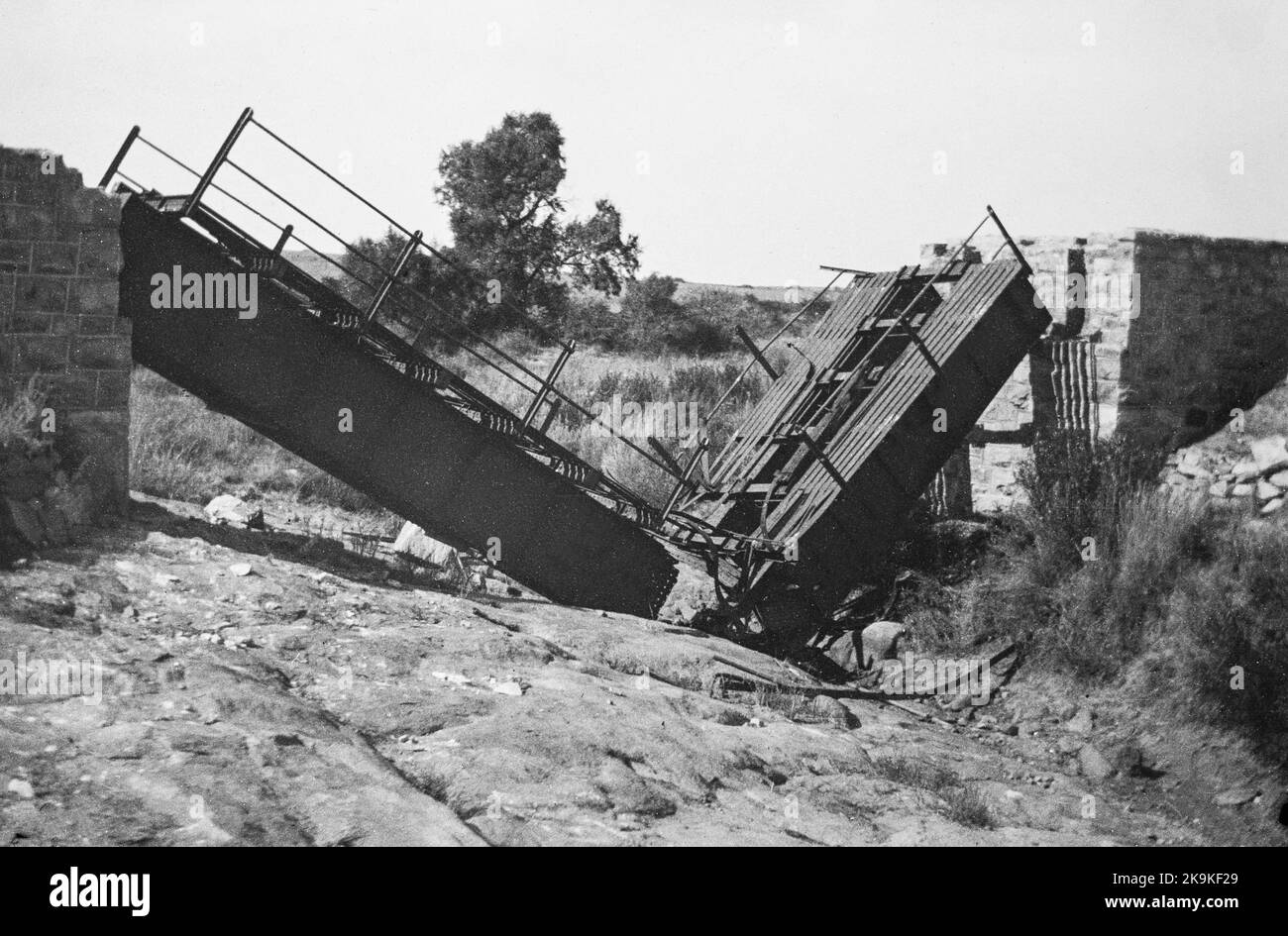 A bridge demolished by Boer soldiers during the Boer War. Stock Photo