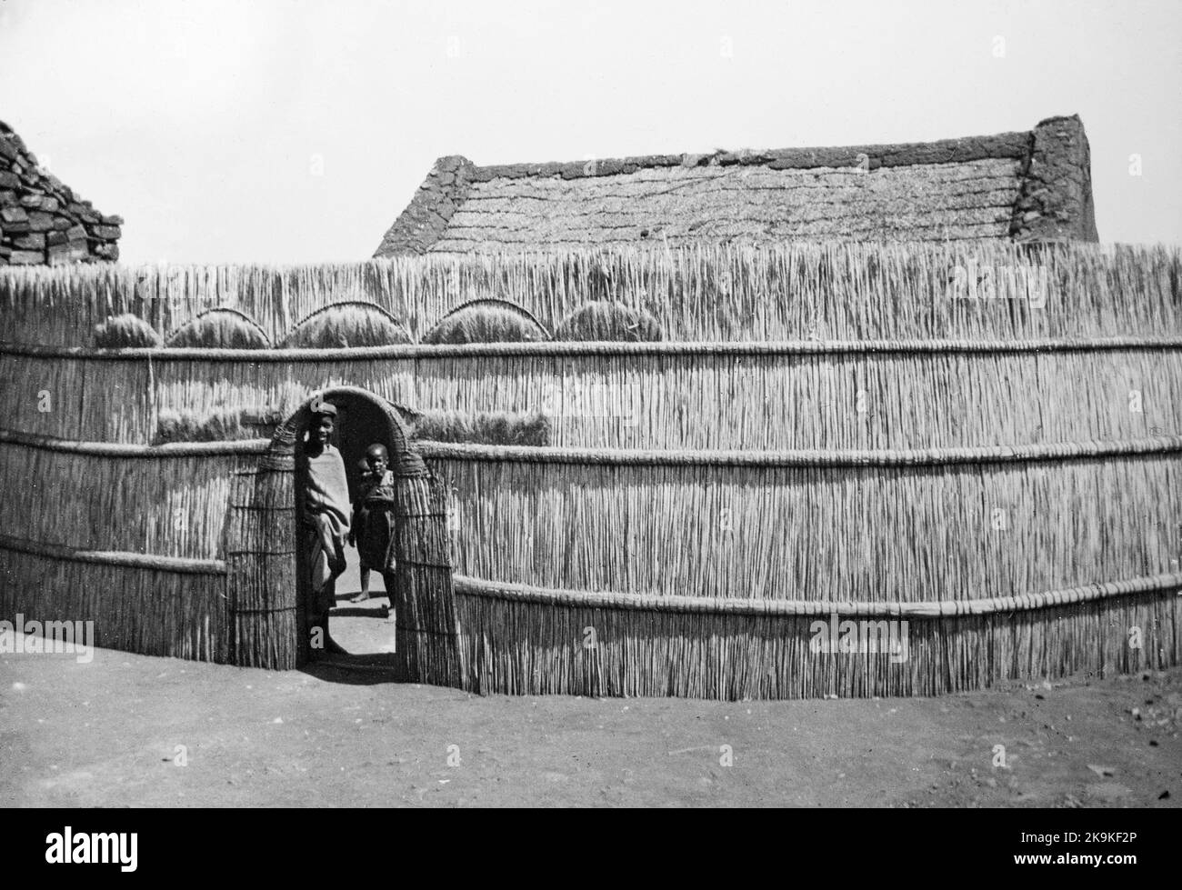 Photograph taken during The Boer War showing a fenced hut belonging to members of the Basotho Tribe, or Basuto Tribe, in Southern Africa. Stock Photo