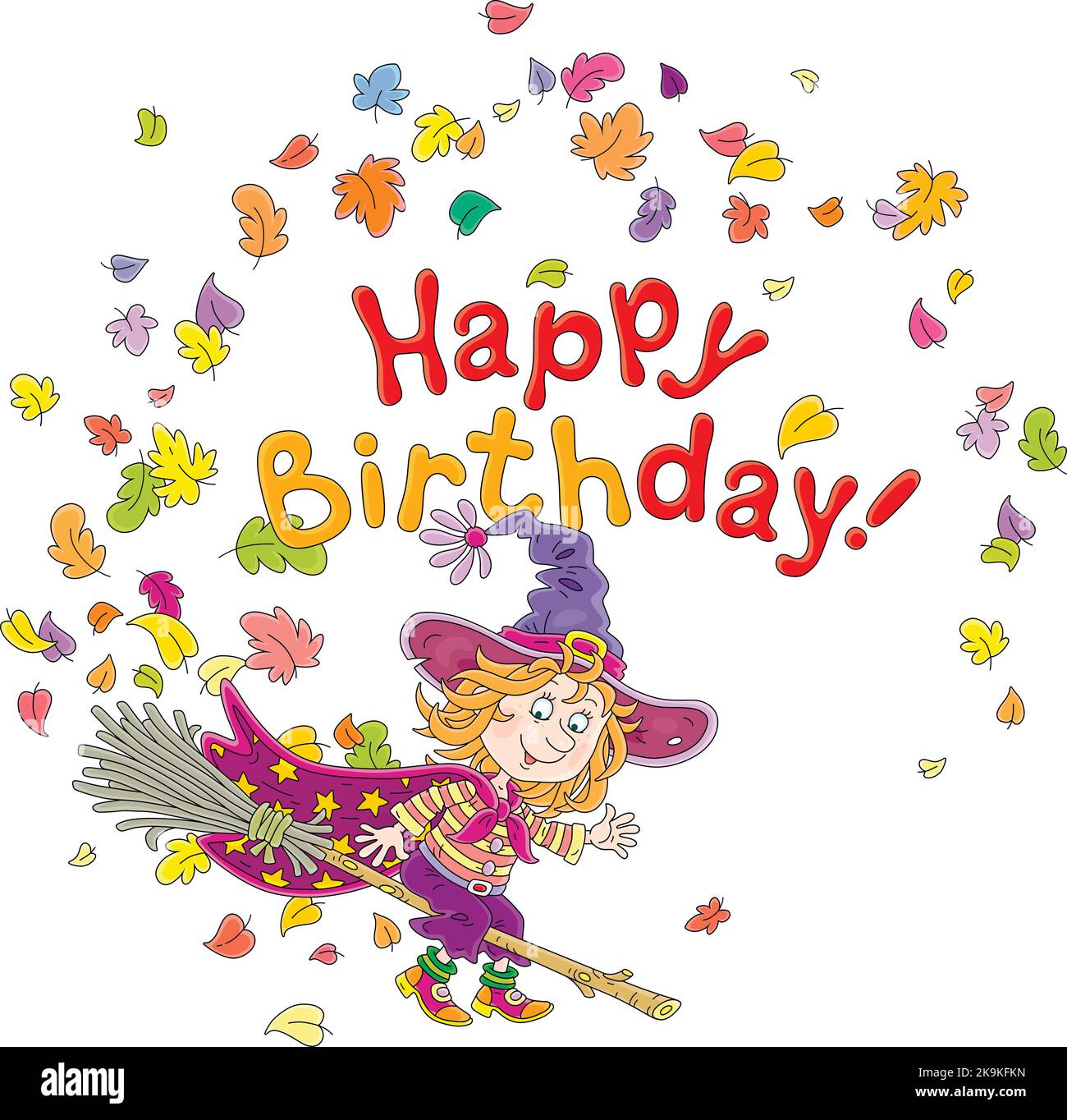 Happy birthday card with a funny little witch flying on her magic broom through falling and swirling colorful autumn leaves Stock Vector