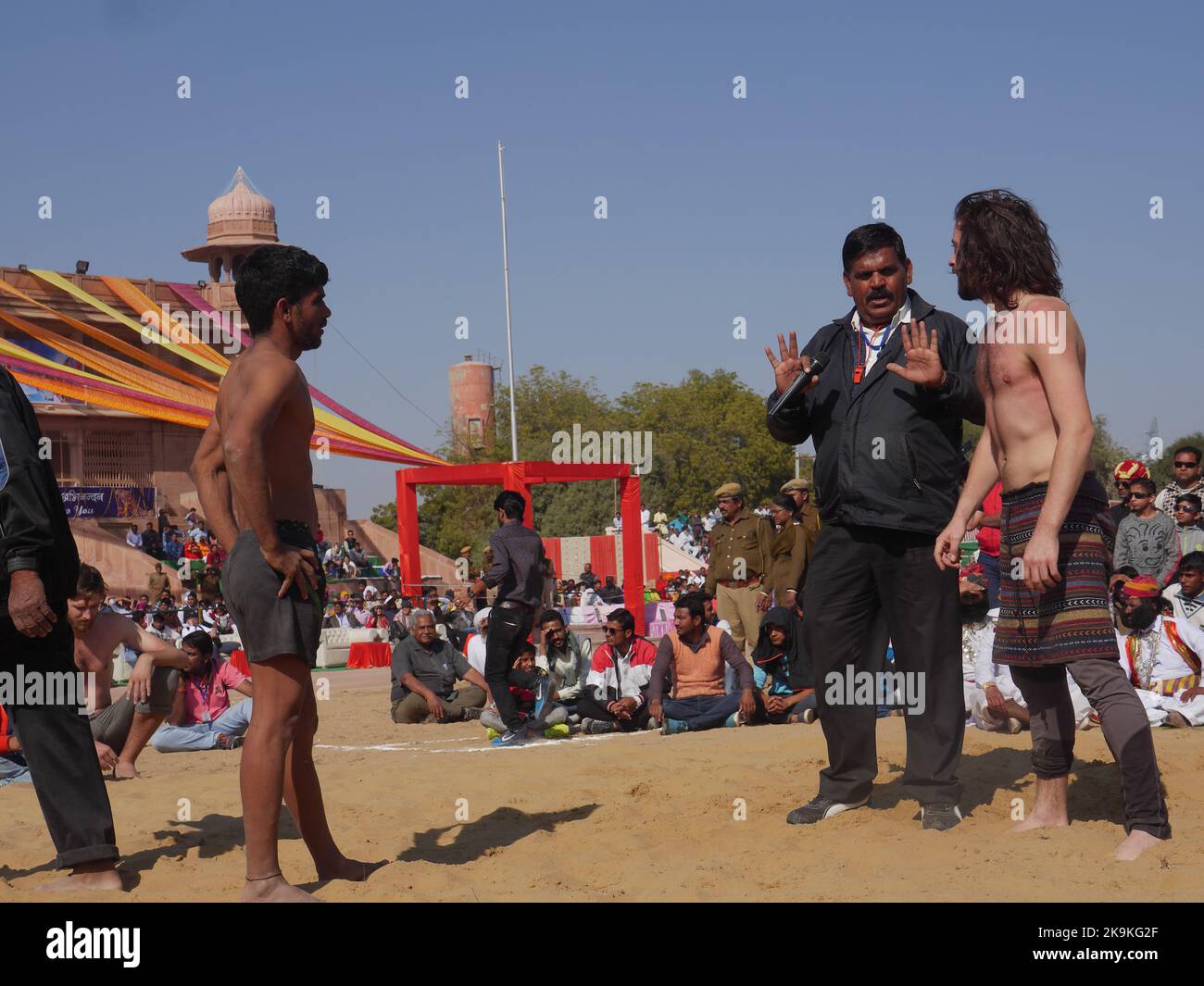 Bikaner Rajasthan, India : January 14, 2018 – Traditional wrestling match competition also known as kushti in india at Bikaner festival. Stock Photo