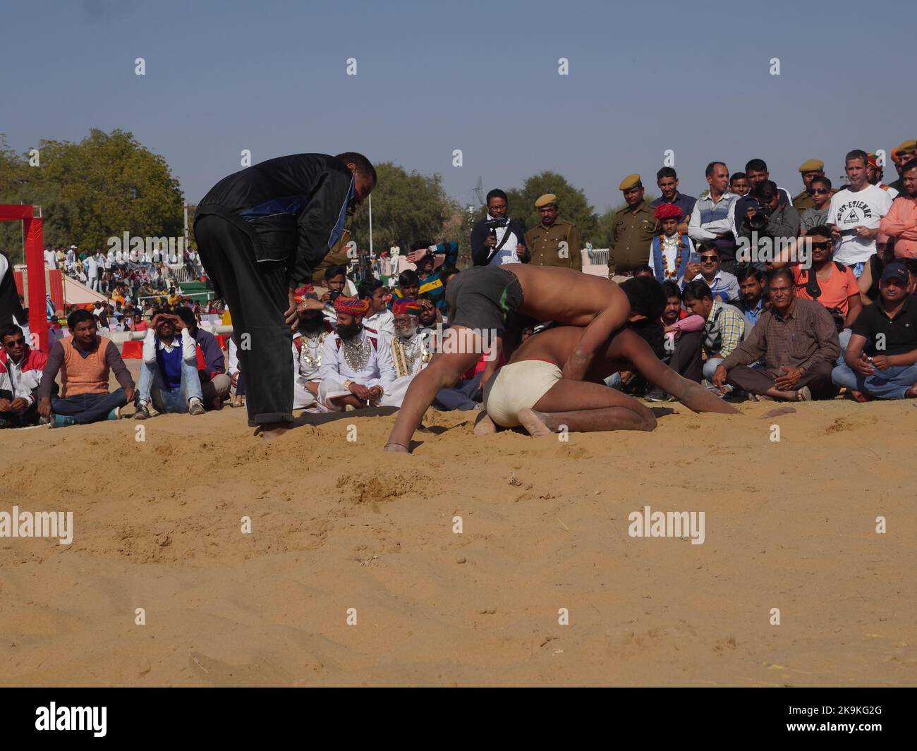 Bikaner Rajasthan, India : January 14, 2018 – Traditional wrestling match competition also known as kushti in india at Bikaner festival. Stock Photo