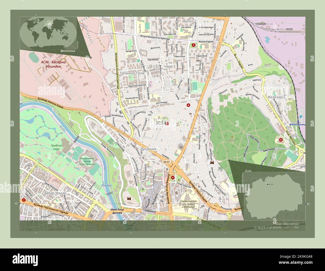 Cair, municipality of Macedonia. Open Street Map. Locations and names ...