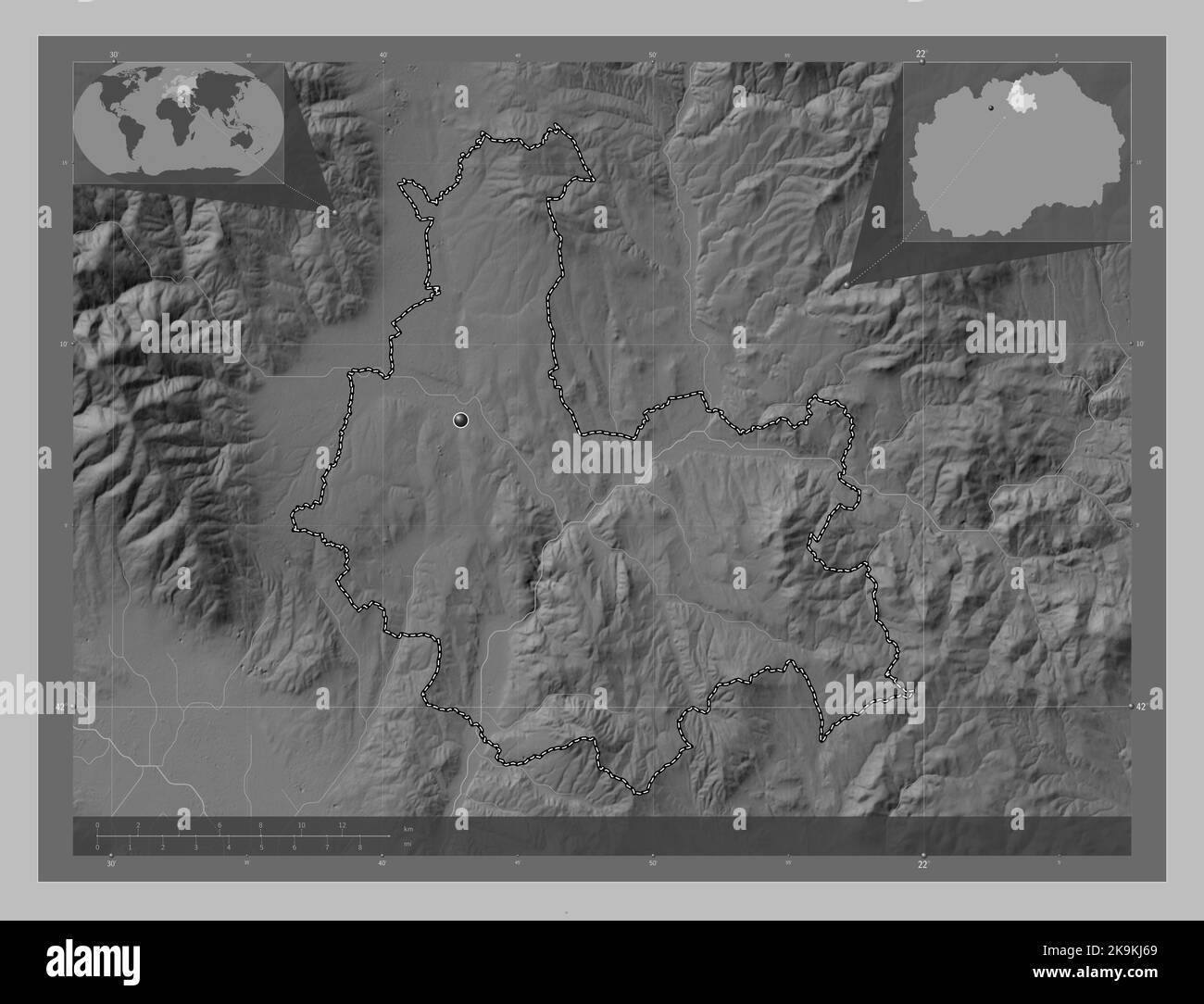 Kumanovo, municipality of Macedonia. Grayscale elevation map with lakes and rivers. Corner