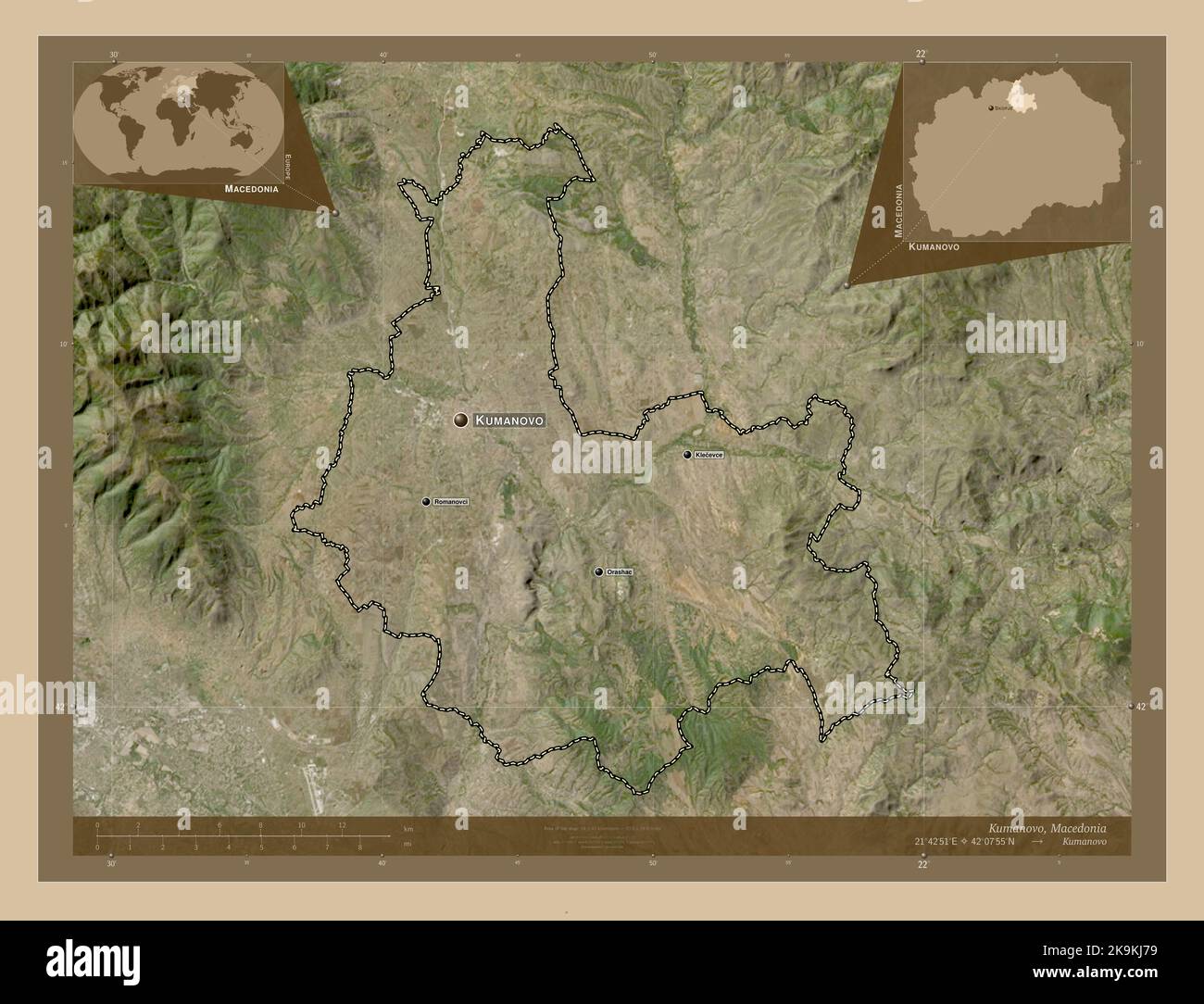 Kumanovo, municipality of Macedonia. Low resolution satellite map. Locations and names of major