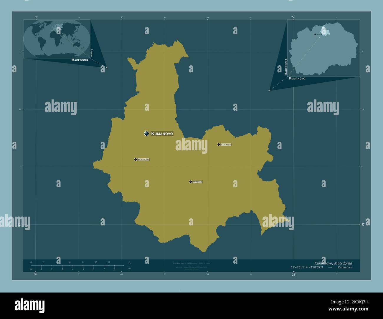 Kumanovo, municipality of Macedonia. Solid color shape. Locations and names of major cities of