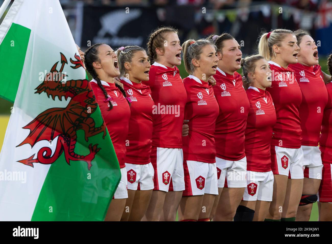 Wales during the national anthems before the Women's Rugby World Cup Quarter-final match at Northland Events Centre in Whangarei, New Zealand. Picture date: Saturday October 29, 2022. Stock Photo