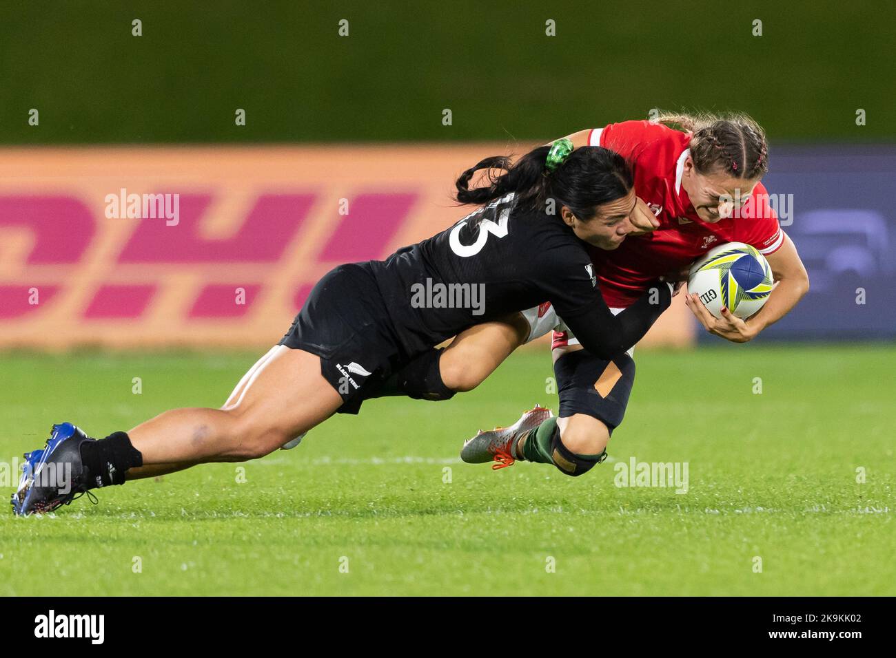 Wales' Jasmine Joyce (right) is tackled by New Zealand's Stacey Fluhler during the Women's Rugby World Cup Quarter-final match at Northland Events Centre in Whangarei, New Zealand. Picture date: Saturday October 29, 2022. Stock Photo