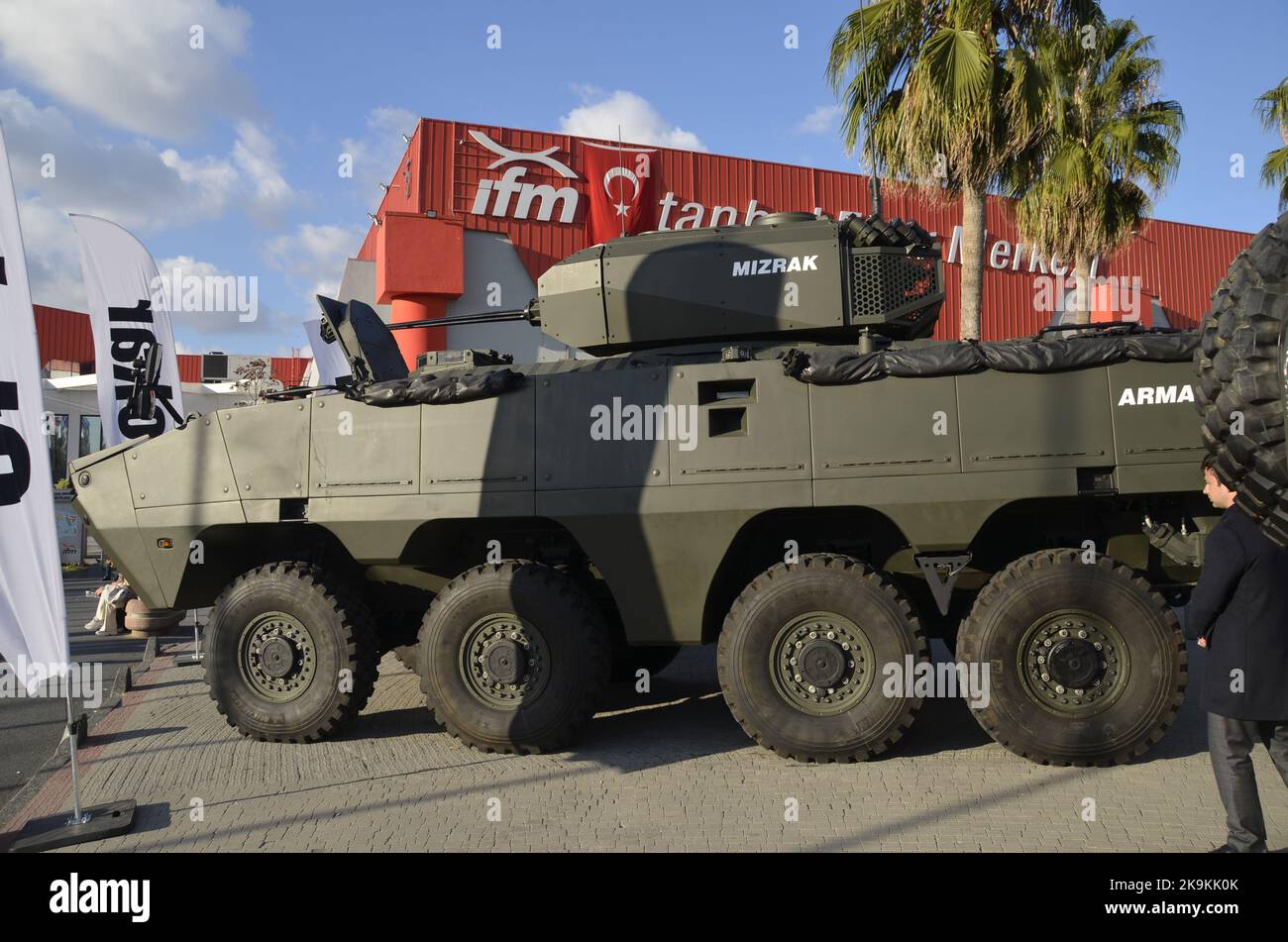 Istanbul Turkey. October 2022. Arma Tactical Wheeled Armored Vehicle and Mzrak Weapon Tower, Otakar Armored Vehicle, Saha Expo Fair. Stock Photo