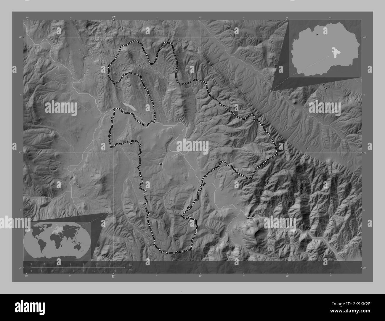 Negotino, municipality of Macedonia. Grayscale elevation map with lakes ...